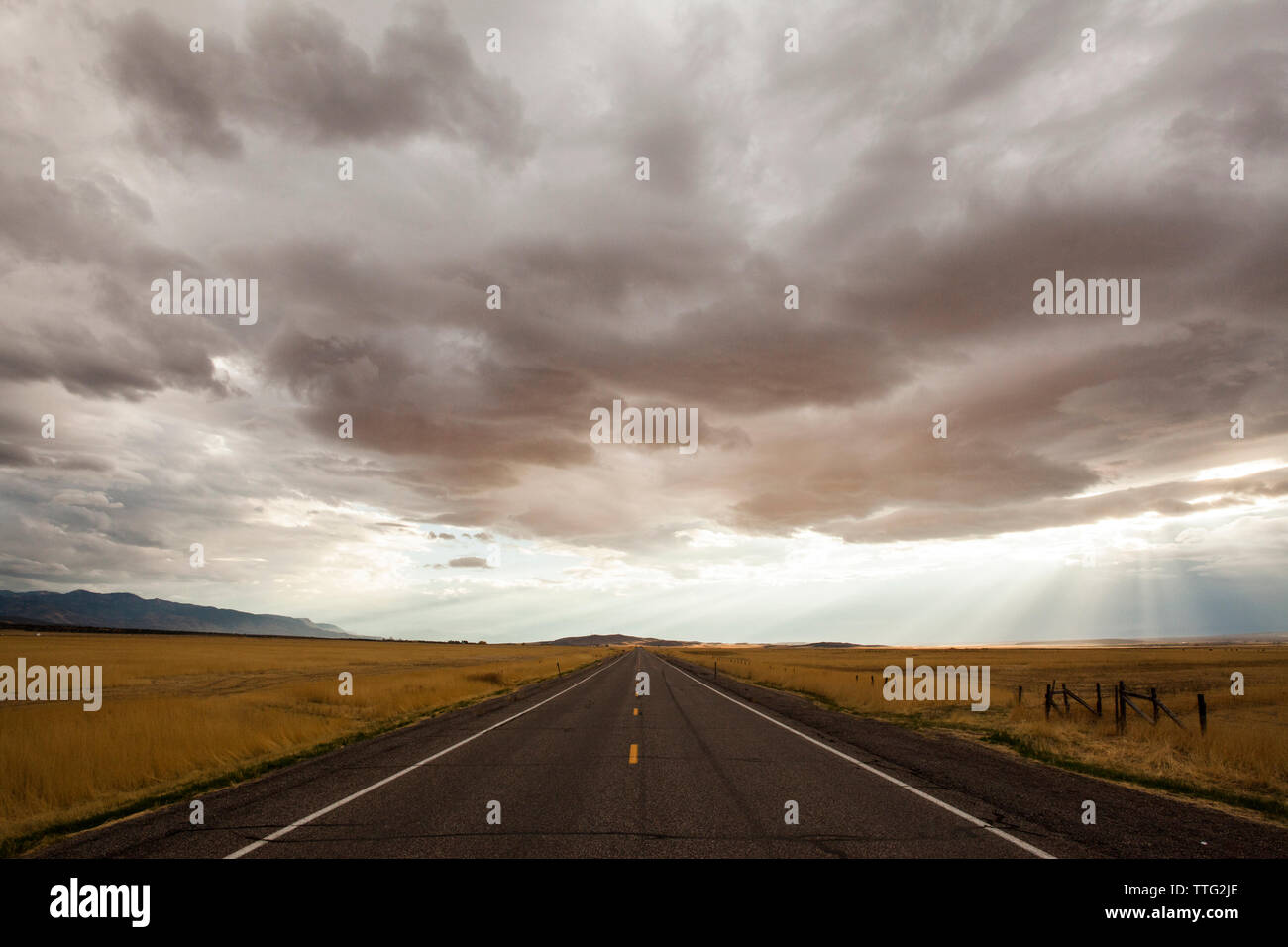 Einspurige Straße inmitten von Feld gegen stürmische Wolken Stockfoto