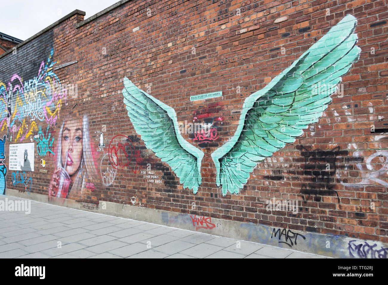 Street Art und Graffiti an der Wand, Jamaica Street, Baltische Dreieck, Liverpool, Merseyside, England, Großbritannien Stockfoto