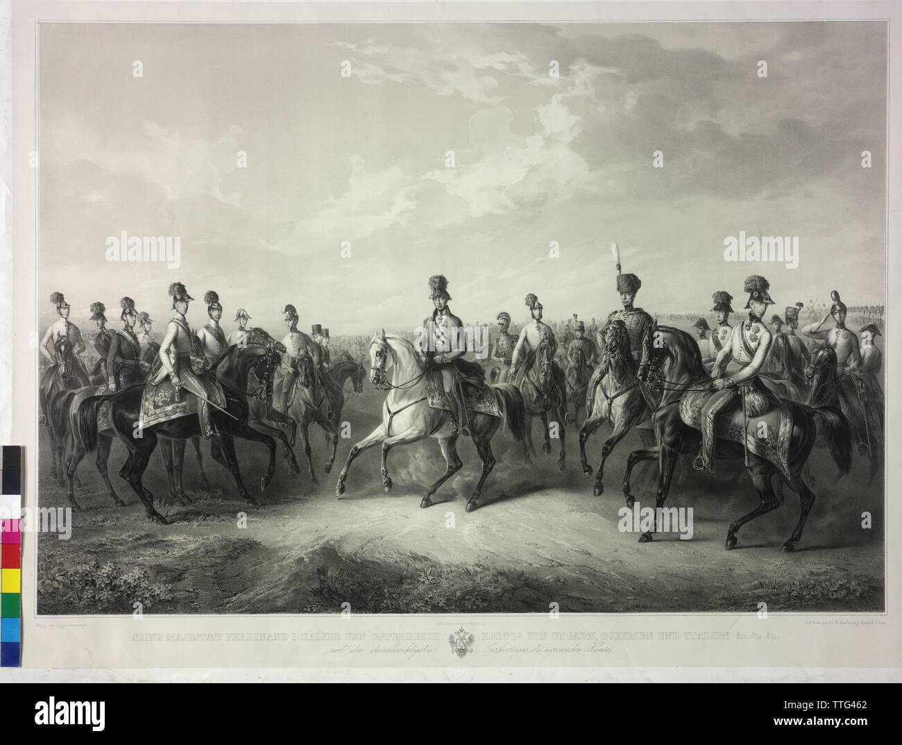 Kaiser Ferdinand I. auf Pferd, umgeben von den archdukess der kaiserlichen Familie, Reiter Bild Kaiser Ferdinand I. auf die Manöver Feld, Lithographie von E.Schulz (einige?) über die Malerei (1848) von Karl August, Aerttinger Additional-Rights - Clearance-Info-Not-Available Stockfoto