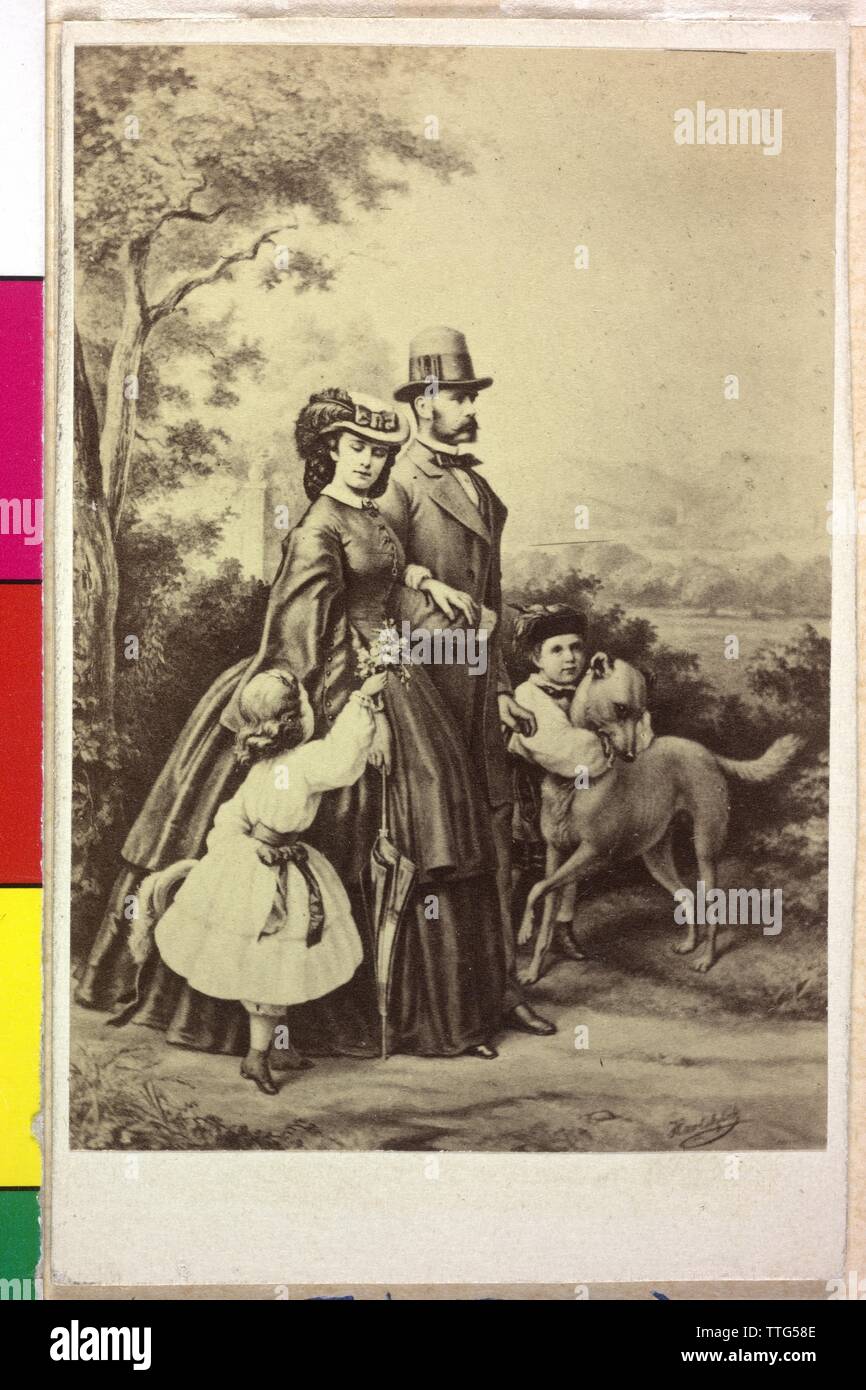 Franz Joseph I., Kaiser von Österreich mit Familie, Familie Bild: Franz Joseph mit Kaiserin Elisabeth und ihre Kinder Erzherzogin Gisela und Kronprinz Rudolf. foto Reproduktion auf der Basis von Emil von Hartitzsch, Additional-Rights - Clearance-Info - Not-Available Stockfoto Franz Joseph I., Kaiser von Österreich mit Familie, Familie Bild: Franz Joseph mit Kaiserin Elisabeth und ihre Kinder Erzherzogin Gisela und Kronprinz Rudolf. foto Reproduktion auf der Basis von Emil von Hartitzsch, Additional-Rights - Clearance-Info - Not-Available Stockfoto