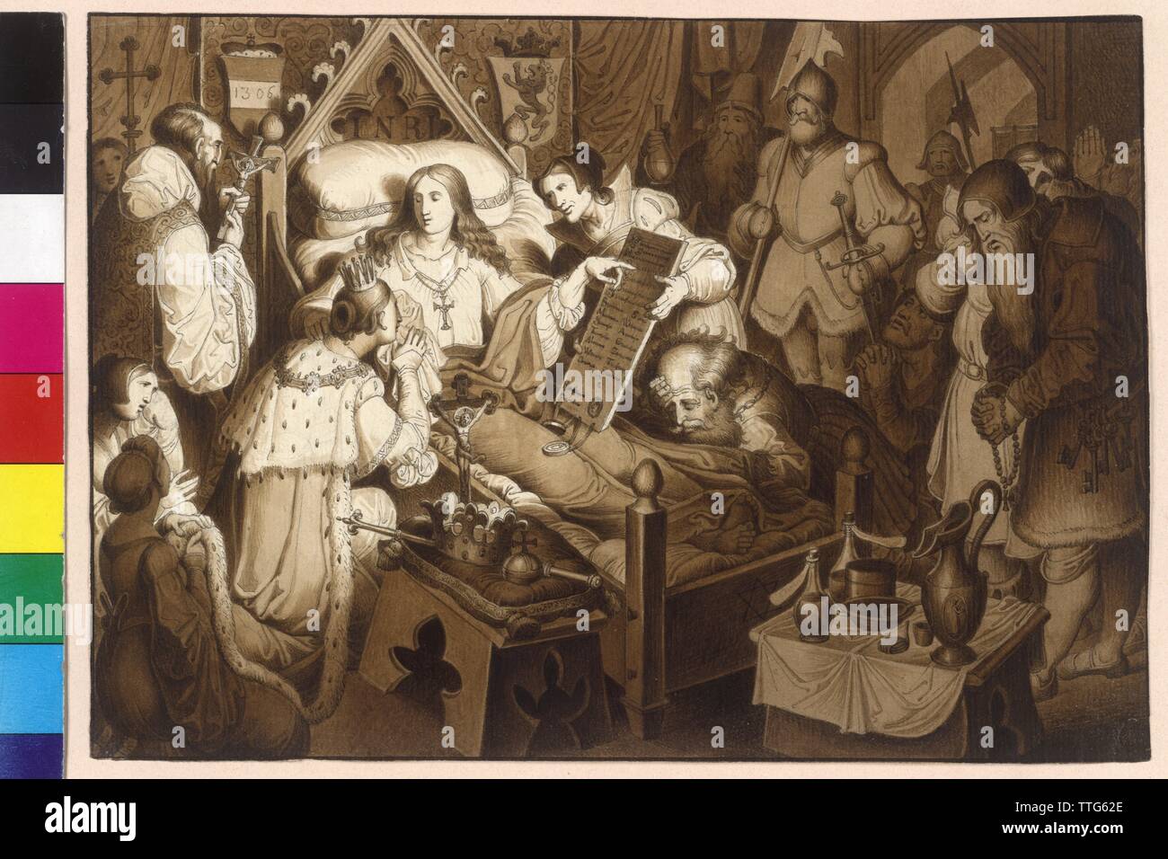 Der sterbende König Rudolf von Böhmen Bitten seiner Frau, die ihn beleidigen Leute zu erstatten, Feder und Pinsel Zeichnung in braun mit weißer heightenings über Bleistift von Karl Russ Blatt 99 aus dem Zyklus "Bilder zur Geschichte von Wien", die 149 Zeichnungen entstanden zwischen dem 27. Januar 1826 und 12. Dezember 1832, - Additional-Rights Clearance-Info - Not-Available Stockfoto