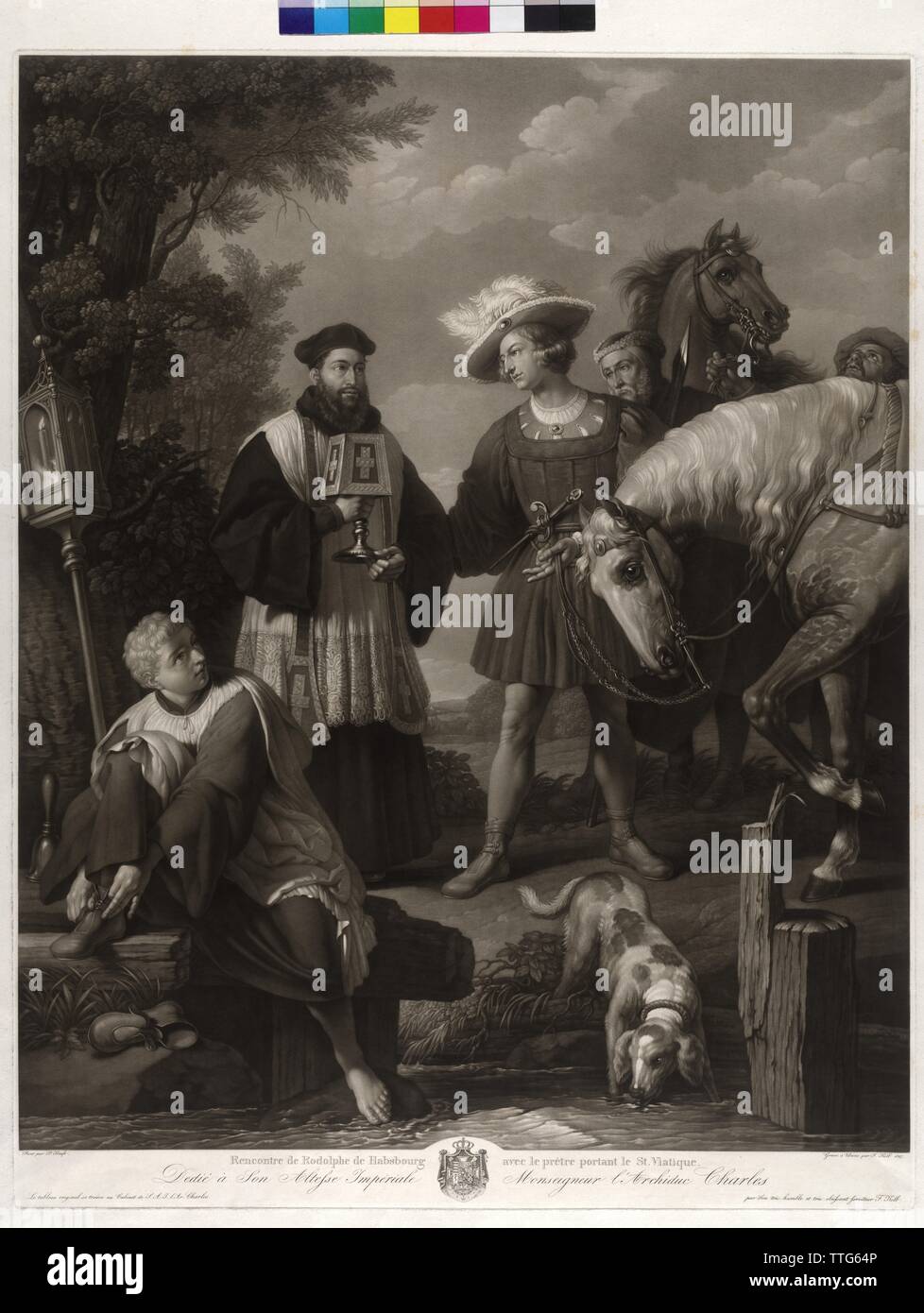Rudolf von Habsburg und dem Pfarrer, Rudolf von Habsburg Mieten der Pfarrer sein Pferd, mit ihm dieses von einem Bach sth zu belasten. und eines tödlich Kranken rechtzeitig das Sakrament der Krankensalbung spenden können mezzotint (schabkunst) von Franz Kolb auf Gemälde von Johann Peter Krafft. mit Hingabe an der Erzherzog Karl und sein Wappen, Artist's Urheberrecht nicht geklärt zu werden. Stockfoto