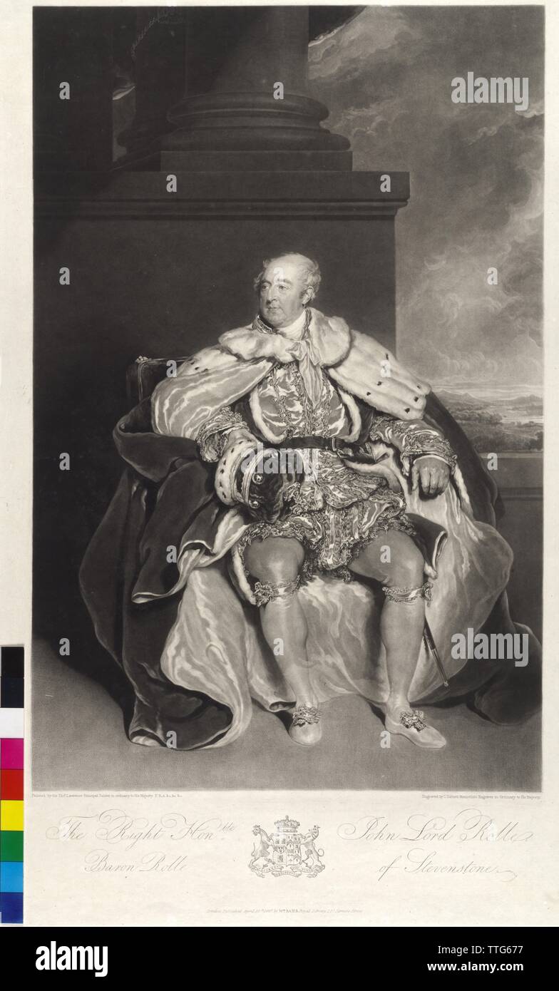 Spule, 1. Baron Spule von Stevenstone, John, schabkunst von Charles Turnerin auf einem Gemälde von Thomas Lawrence. Wappen, Additional-Rights - Clearance-Info - Not-Available Stockfoto