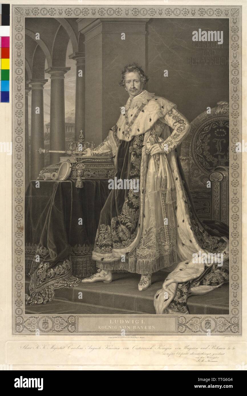 König Ludwig I. von Bayern, Kupferstich/Radierung von Albert Reindel basierend auf einem Gemälde von Joseph Karl Stieler, Additional-Rights - Clearance-Info - Not-Available Stockfoto