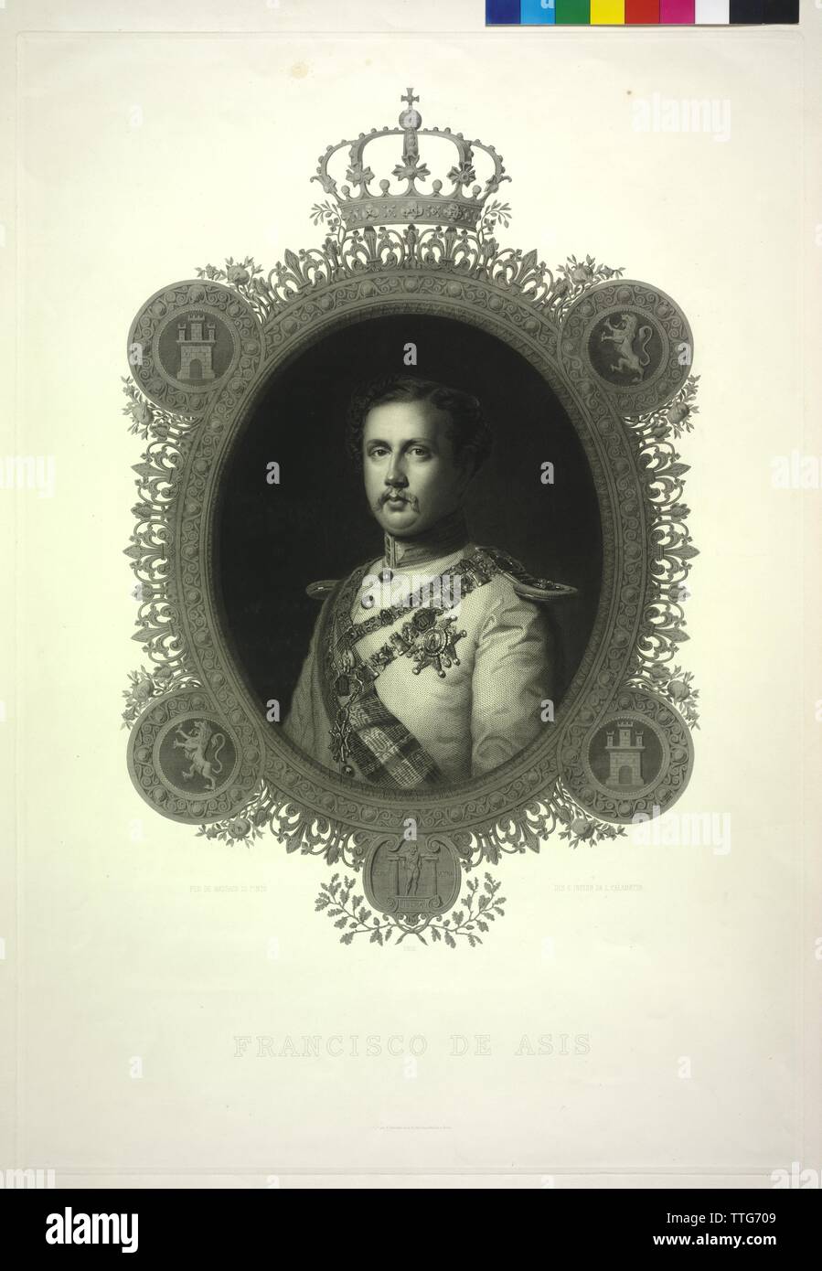 Franz, König von Spanien, Ätzung auf eigene Zeichnung von Luigi Calamatta basierend auf einem Gemälde von Federico de Madrazo y Kuntz, Additional-Rights - Not-Available Clearance-Info-basiert Stockfoto