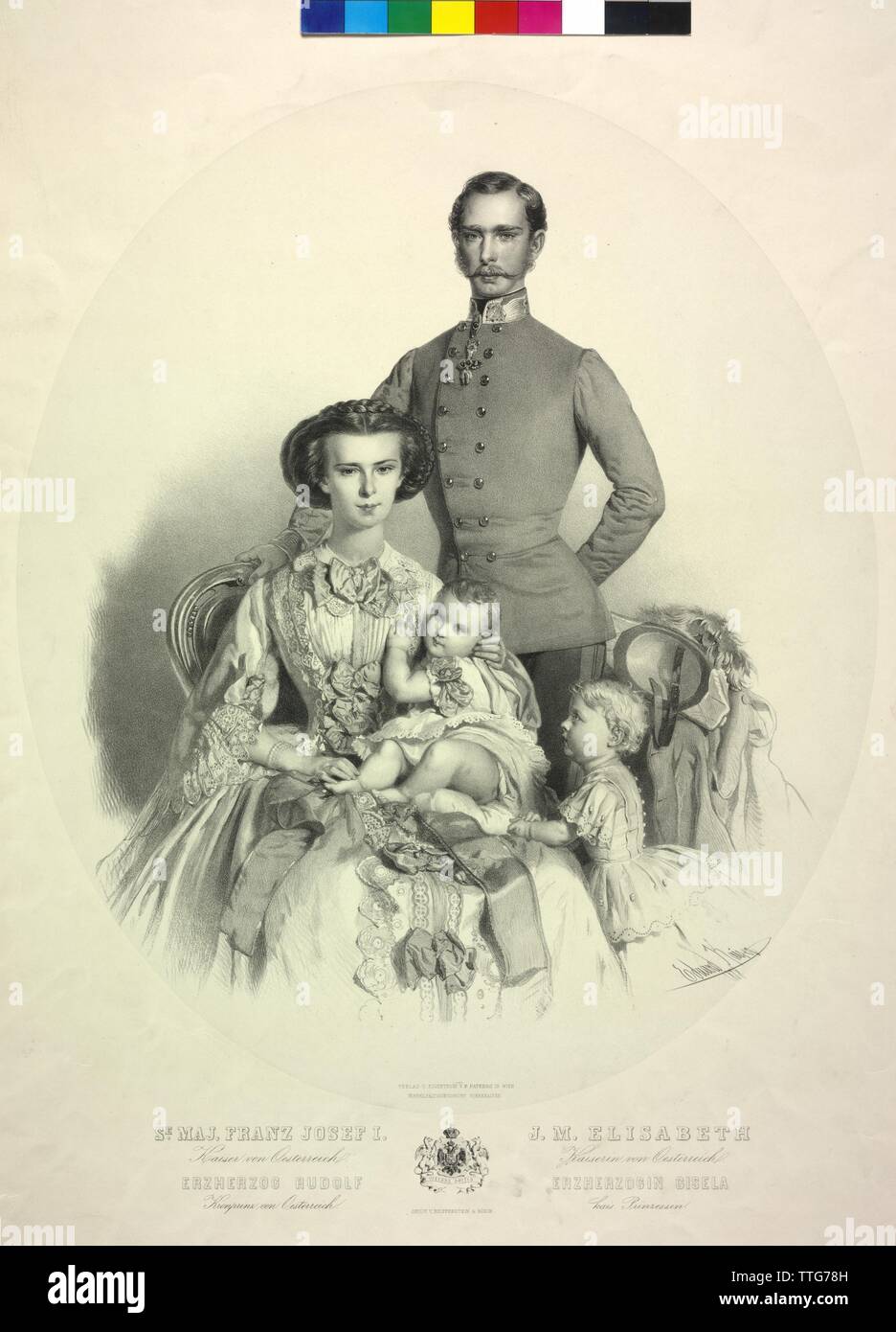 Franz Joseph I., Kaiser von Österreich, Gruppe Bild: Franz Joseph I., Kaiser von Österreich gemeinsam mit seiner Frau Elisabeth und die Kinder, Kronprinz Rudolf und Erzherzogin Gisela. farbige Lithographie von Eduard Kaiser. Wappen, Additional-Rights - Clearance-Info - Not-Available Stockfoto Franz Joseph I., Kaiser von Österreich, Gruppe Bild: Franz Joseph I., Kaiser von Österreich gemeinsam mit seiner Frau Elisabeth und die Kinder, Kronprinz Rudolf und Erzherzogin Gisela. farbige Lithographie von Eduard Kaiser. Wappen, Additional-Rights - Clearance-Info - Not-Available Stockfoto