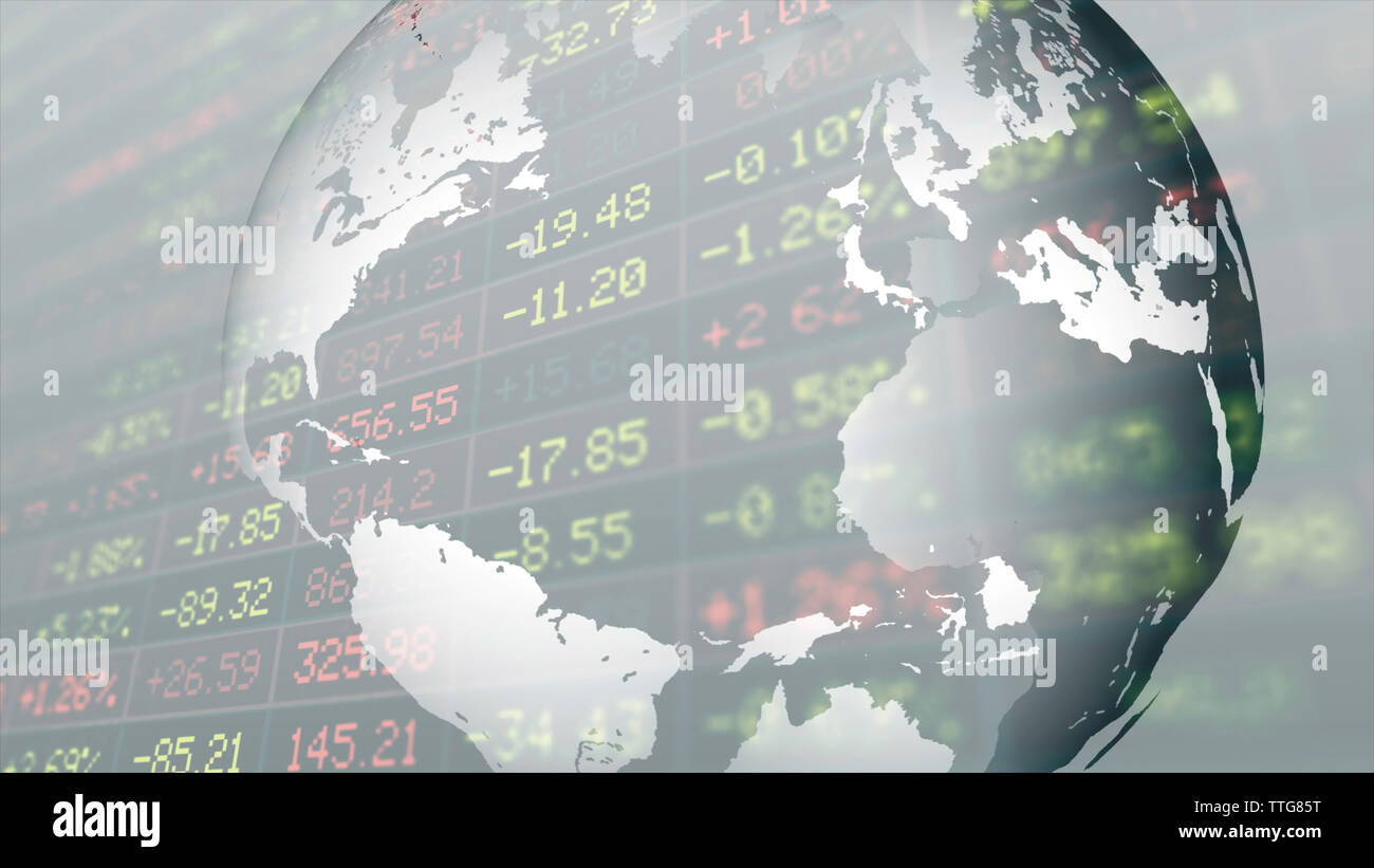 Double Exposure von Globe und Börsendaten auf trading Board Stockfoto