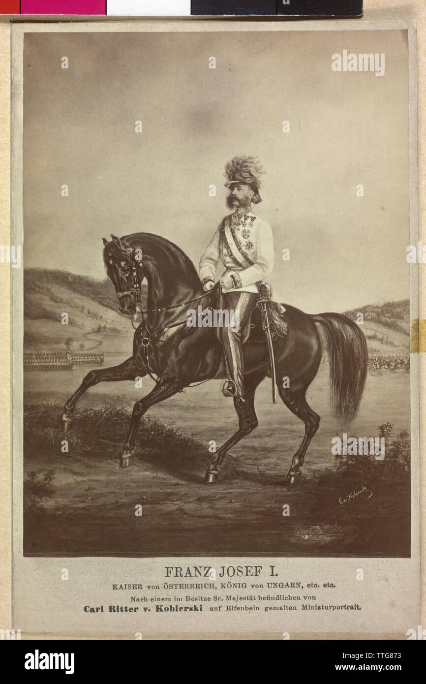 Franz Joseph I., Kaiser von Österreich, Bild in voller Uniform eines Kaiserlichen und Königlichen Feldmarschall in ungarischen Anpassung am Pferd. foto Reproduktion auf Grafik basiert auf Vorlage einer Miniatur von Carl-von Kobierski, Additional-Rights - Clearance-Info - Not-Available Stockfoto