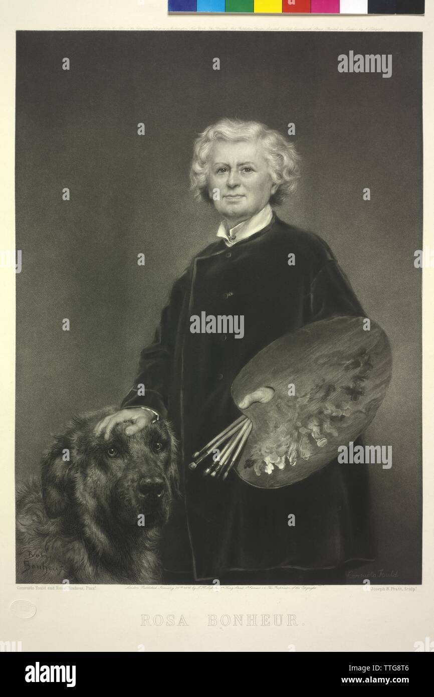 Rosa Bonheur, Bild mit Malpalette und Hund. Schabkunst/Radierung von Joseph Bischof Pratt basierend auf einem Gemälde von Consuelo Fould und Rosa Bonheur, Additional-Rights - Clearance-Info - Not-Available Stockfoto