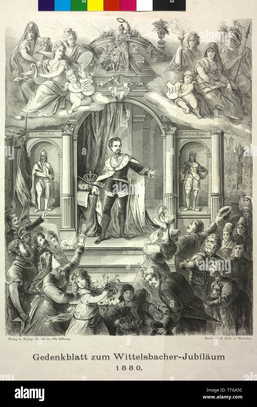 Ludwig II., König von Bayern, Bild (ganze Zahl, halb rechts, der in der Krönung Roben), die in der Aussparung seine Vermutung Otto von der Wittelsbacher und Louis des Bayerischen Gedenkmünzen Papier in die Wittelsbacher Jubiläum 1880. Holzstich, Verlag Der xylographic Institution Otto Sedlmayr. Drucken von B.Heller in München, Additional-Rights - Clearance-Info - Not-Available Stockfoto