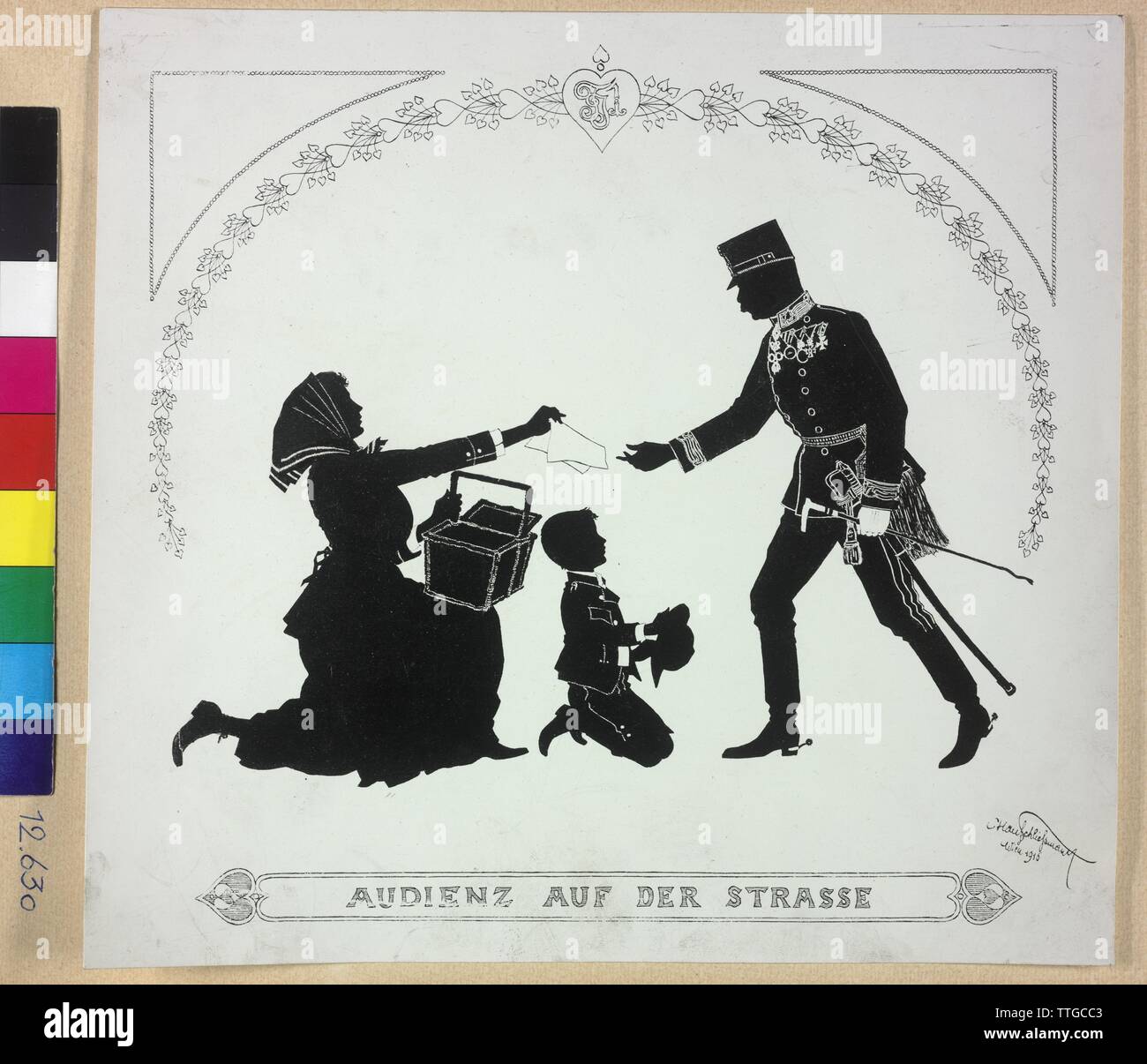 Franz Joseph I., Kaiser von Österreich, Franz Joseph in Uniform auf der Straße von einem Brief der Anfrage entgegen. drucken basierend auf einer Silhouette mit dem Titel "Audienz auf der Straße", betitelt und datiert, Additional-Rights - Clearance-Info - Not-Available Stockfoto