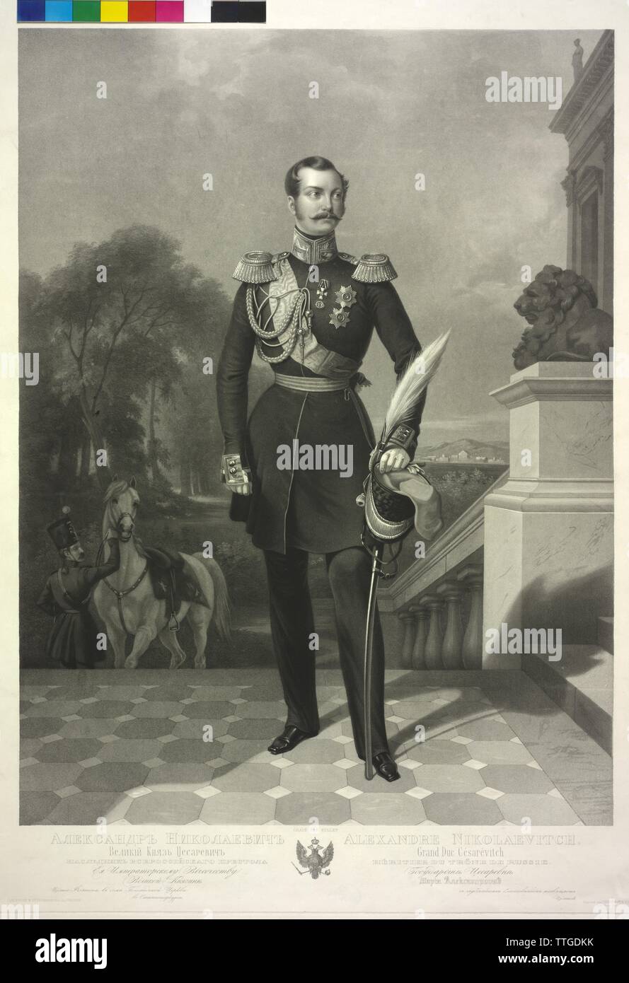 Alexander II., Kaiser von Rußland, Aquatinta von Rene Rollet. Wappen, Additional-Rights - Clearance-Info - Not-Available Stockfoto