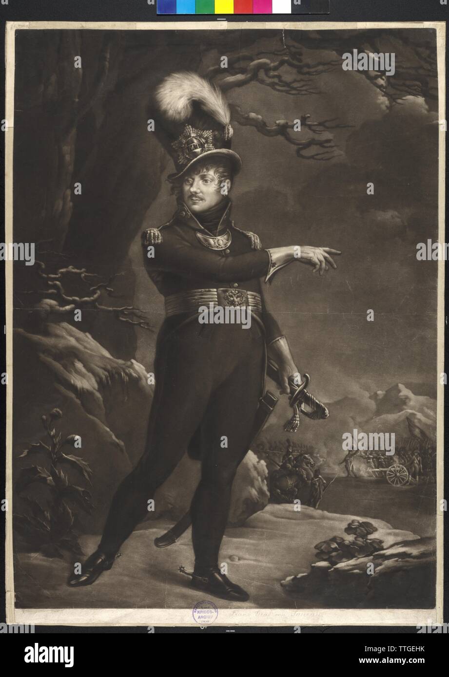 Geramb, Ferdinand Freiherr von, Bild in der Uniform der von ihm erwähnten Freien Corps 'Maria Theresia', Schabkunst von Johann Peter Pichler, basierend auf einem Gemälde von Karl Hummel, Additional-Rights - Clearance-Info - Not-Available Stockfoto