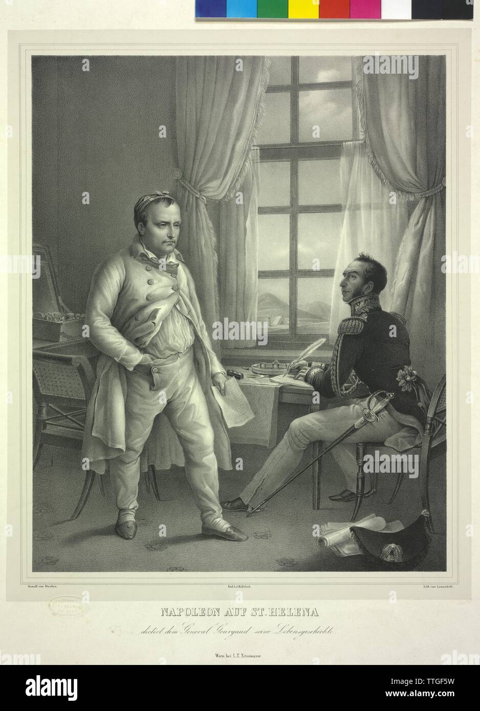Napoleon auf St. Helen bestimmen die allgemeinen Gourgaud Einhalt geboten wurde seine Lebensgeschichte, Lithographie von Lanzedelly auf ein Gemälde von Karl von Steuben, Additional-Rights - Clearance-Info-Not-Available Stockfoto