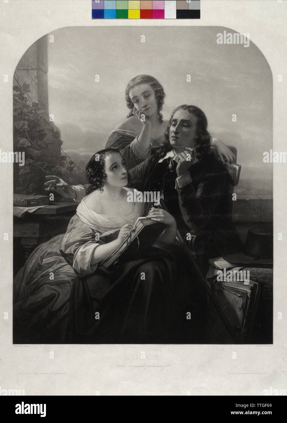 Milton, John, Milton diktiert seine Töchter das "verlorene Paradies", schabkunst von Alfred Cornilliet auf einem Gemälde von Nicaise de Keyser, Additional-Rights - Clearance-Info - Not-Available Stockfoto