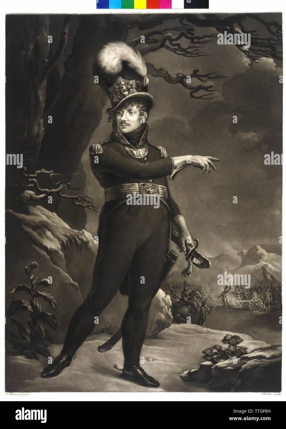 Geramb, Ferdinand Freiherr von, Bild in der Uniform der von ihm erwähnten Freien Corps 'Maria Theresia', Schabkunst von Johann Peter Pichler, basierend auf einem Gemälde von Karl Hummel, Additional-Rights - Clearance-Info - Not-Available Stockfoto