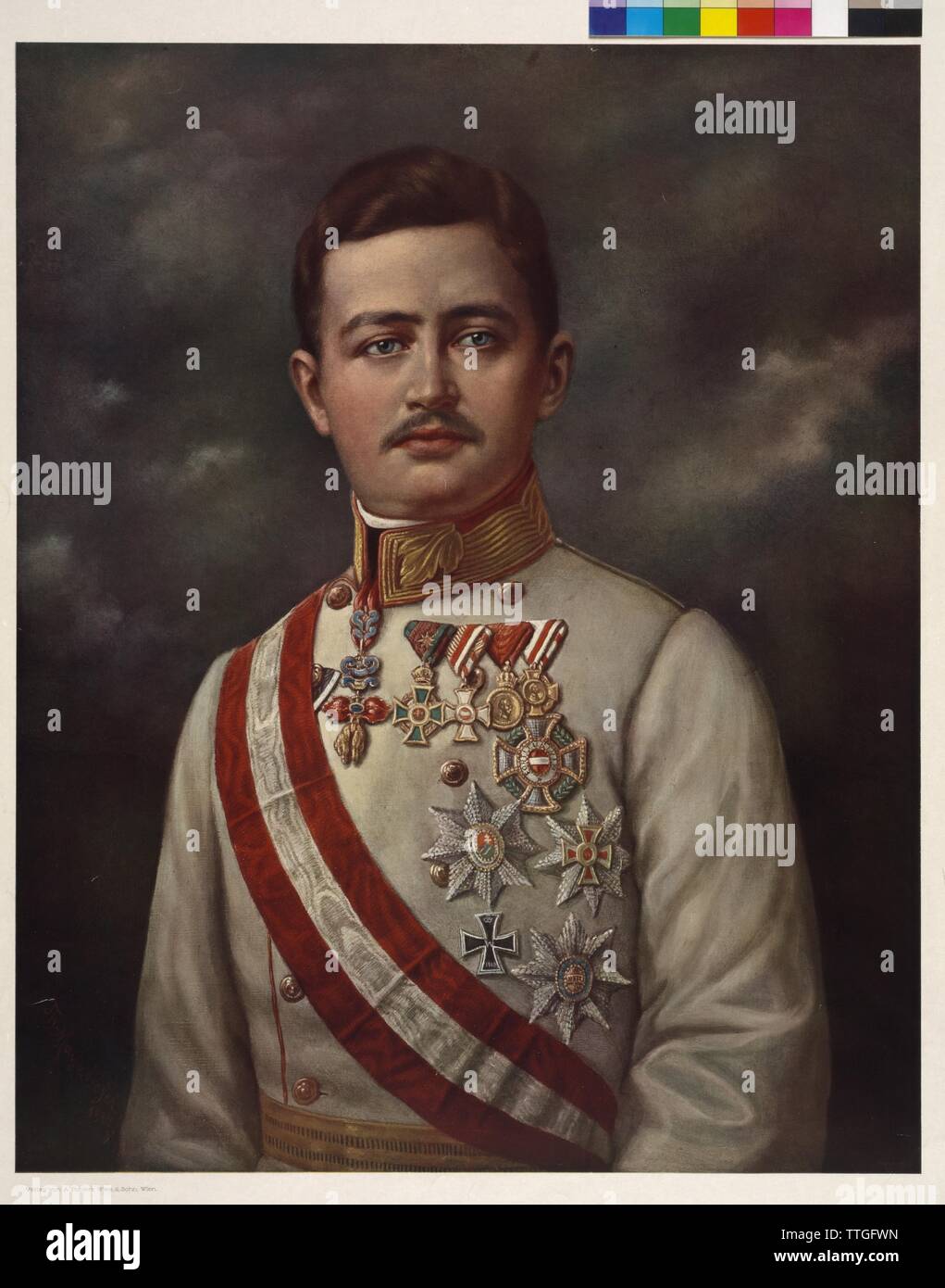 Karl I., Kaiser von Österreich, Farbdruck, basierend auf einem Gemälde von Theodor Mayerhofer, Additional-Rights - Clearance-Info - Not-Available Stockfoto