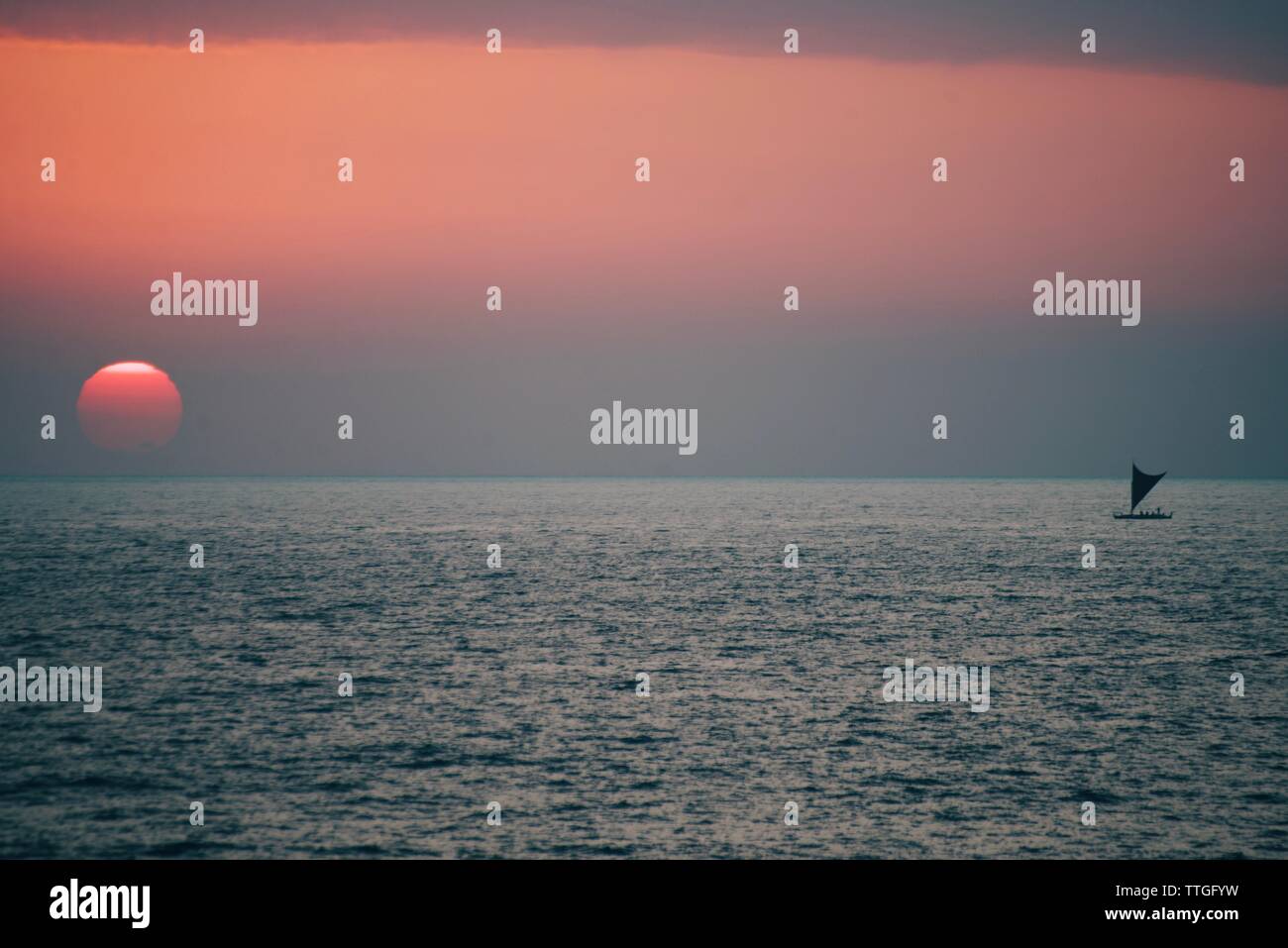 Segelfliegen am Meer entlang auf einem Sonnenuntergang Segeln Stockfoto
