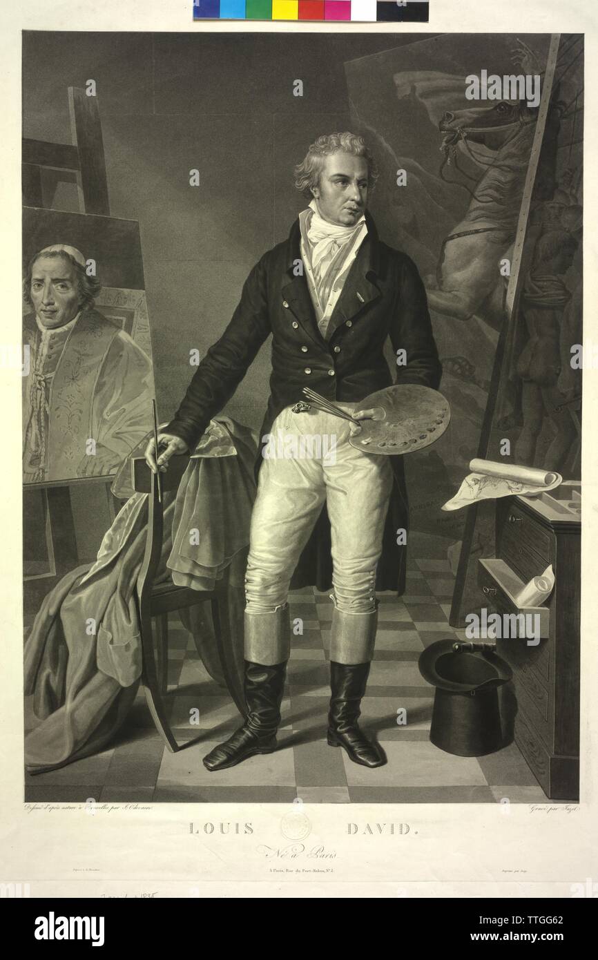David, Jacques Louis, Bild in seinem Studio. aquatinta von Jean Pierre Marie Jazet auf der Grundlage einer Ad vivum Zeichnung von Joseph Odevaere. blind Stempel, Additional-Rights - Clearance-Info - Not-Available Stockfoto