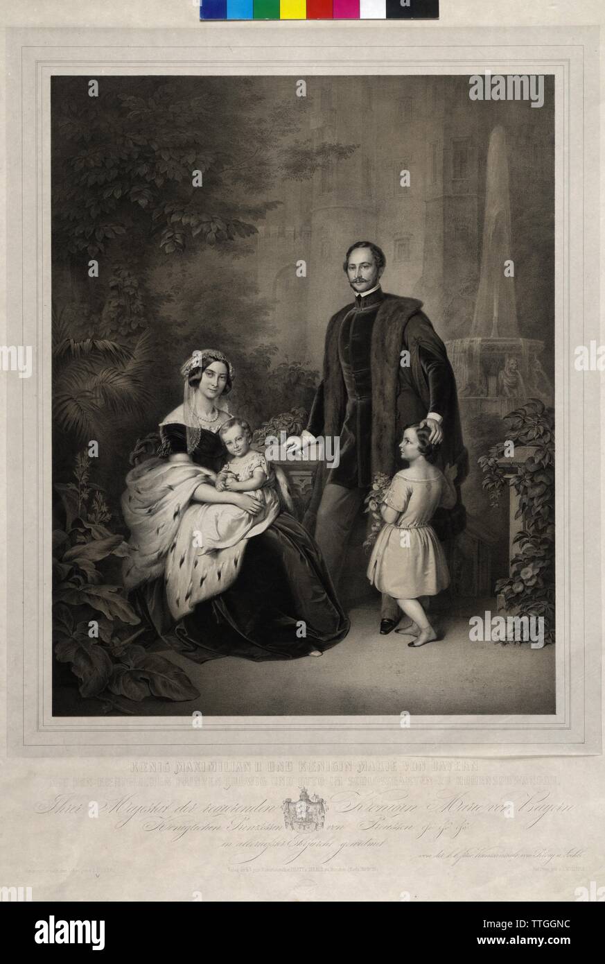 König Maximilian II. und Königin Marie von Bayern mit der Königliche Prinz Louis und Otto im Schlossgarten in Hohenschwangau, ad vivum Zeichnung auf einen eigenen Entwurf von Erich Correns, in einer Lithographie von Johann Woelfle. Wappen dargestellt. China, Additional-Rights - Clearance-Info - Not-Available Stockfoto