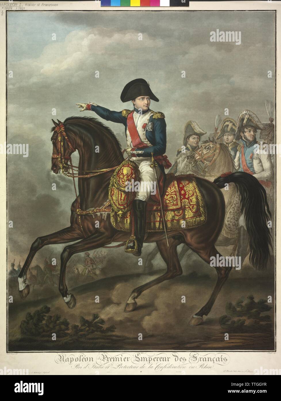 Ich Napoleon Bonaparte, Kaiser der Franzosen, zu Pferd, durch seine Generäle. farblithographie (teilweise farbig) von Charles Francois Gabriel Levachez basierend auf einer Zeichnung von Carl Vernet, Additional-Rights - Clearance-Info - Not-Available gefolgt Stockfoto