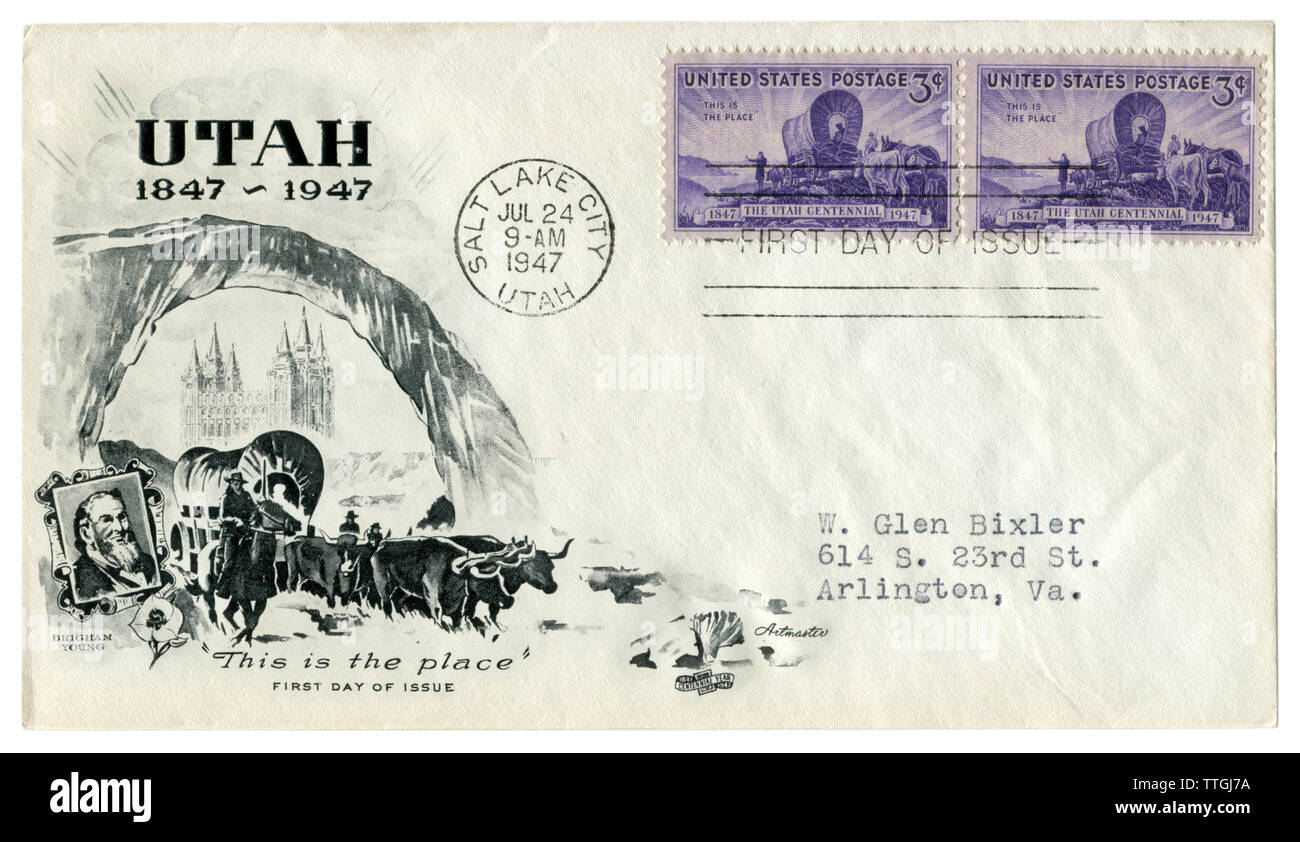 Salt Lake City, Utah, USA - 24. Juli 1947: Uns historische Umschlag: Abdeckung mit Gütesiegel mormonischen Pioniere, Brigham Young, das ist der Ort, Centennial Stockfoto