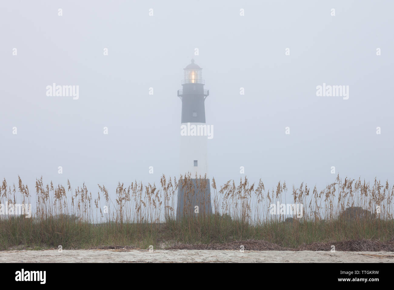 Leuchtturm am nebligen Morgen, Tybee Island, USA Stockfoto