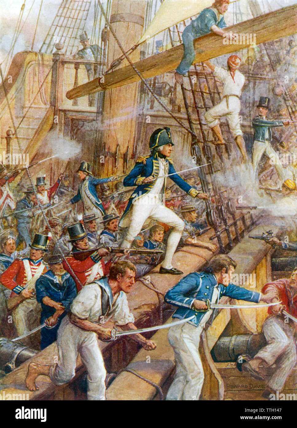 Schlacht von CAPE ST. VINCENT vom 16. Januar 1780. Nelson führt die Partei gegen die San Nicolas Stockfoto