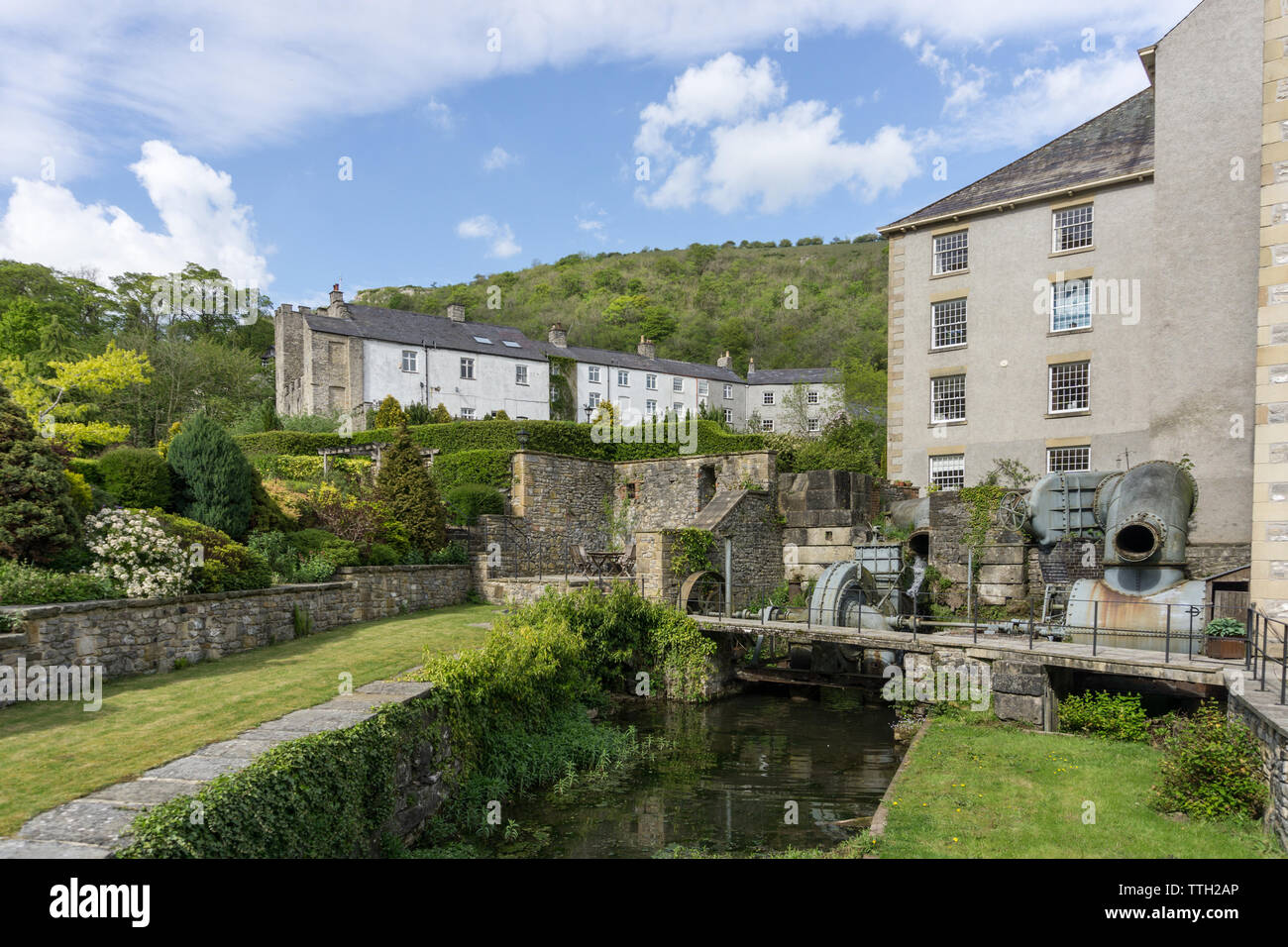 Restaurierte turbine Maschinen an Cressbrook Mühle aus dem 19. Jahrhundert, eine alte Baumwollspinnerei, die jetzt für den häuslichen Gebrauch wiederhergestellt; Derbyshire, Großbritannien Stockfoto