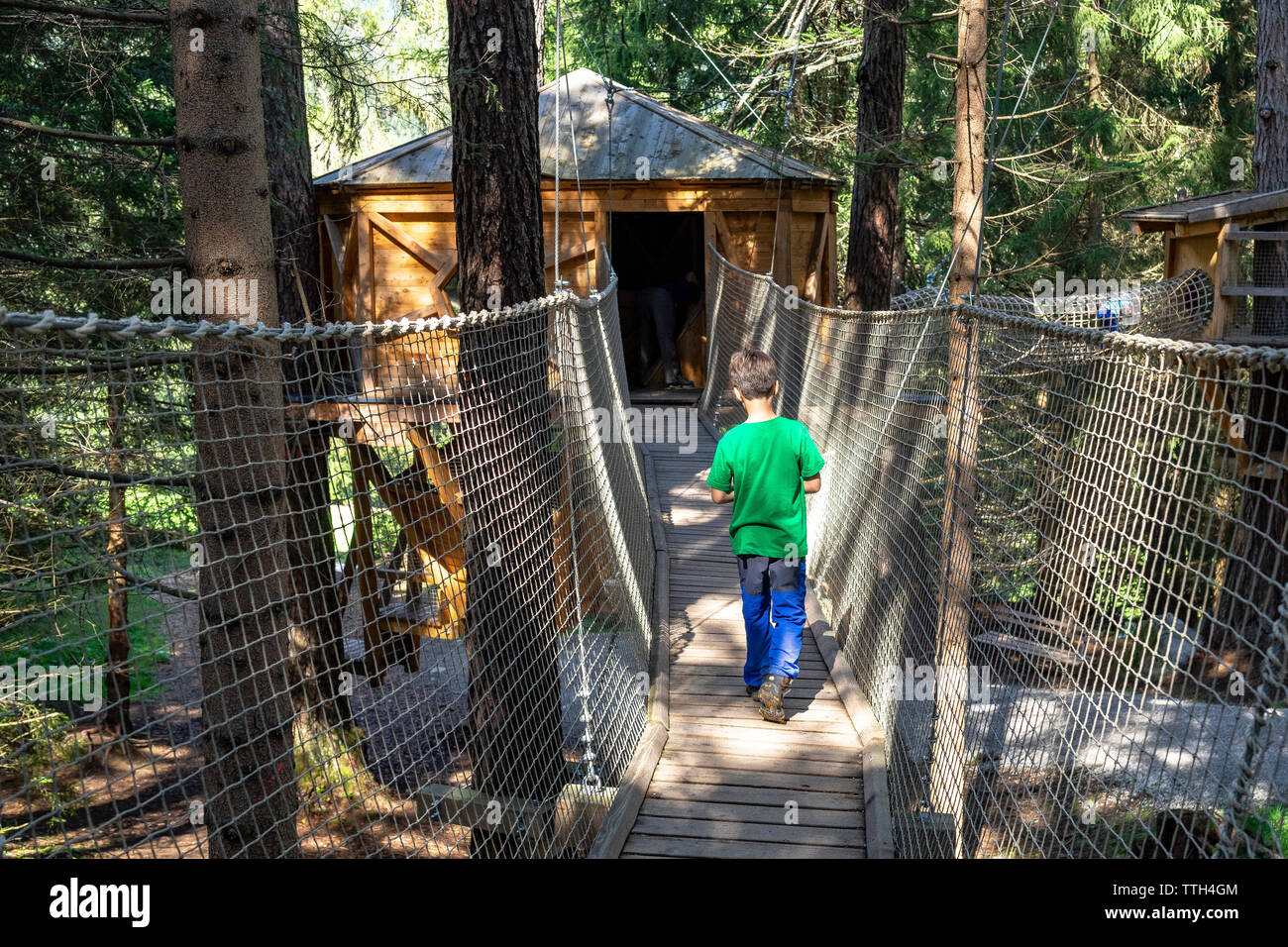 Junge gehen auf eine hölzerne Brücke zu einem Baum Haus im Wald Stockfoto