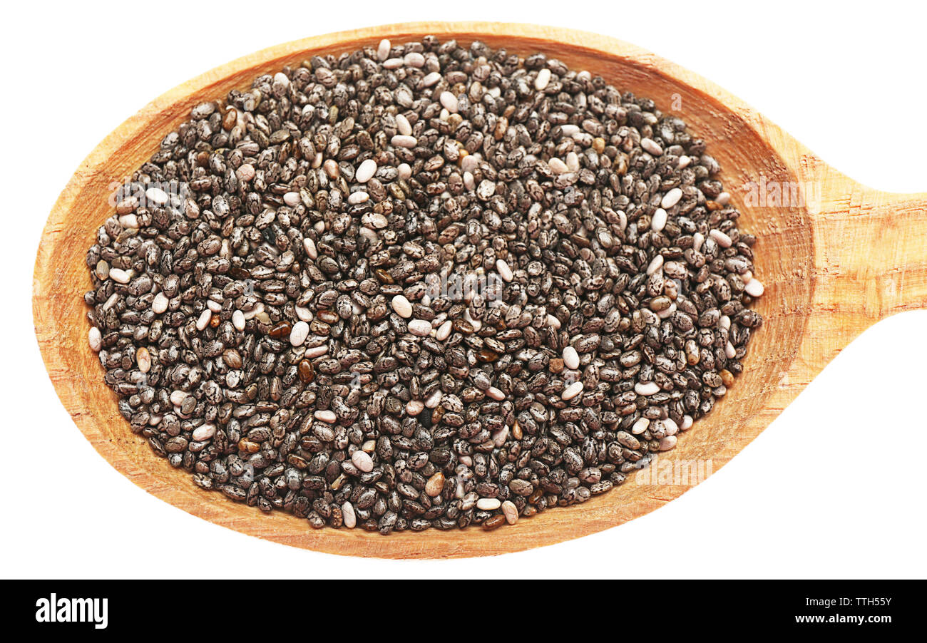 Chia Samen in einem Kochlöffel auf weißem Hintergrund Stockfoto