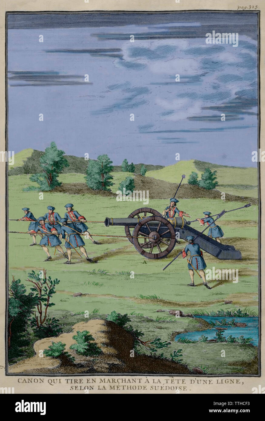 Geschichte von polybius. Band II. Französische Ausgabe aus dem Griechischen übersetzt von Dom Vincent Thuillier. Kommentare der militärischen Wissenschaft angereichert mit kritischen und historische Notizen von M. de Folard. Paris, Chez Pierre Gandouin, Julien-Michel Gandouin, pierre-francois Giffart und Nicolas-Pierre Armand, 1727. Drucken von Jean-Baptiste Lamesle Tome II. Militärische Innovationen. Kanone schießen, während es sich an der Spitze einer Linie geht, laut der schwedischen Methode. 17. Jahrhundert. Später Färbung. Stockfoto