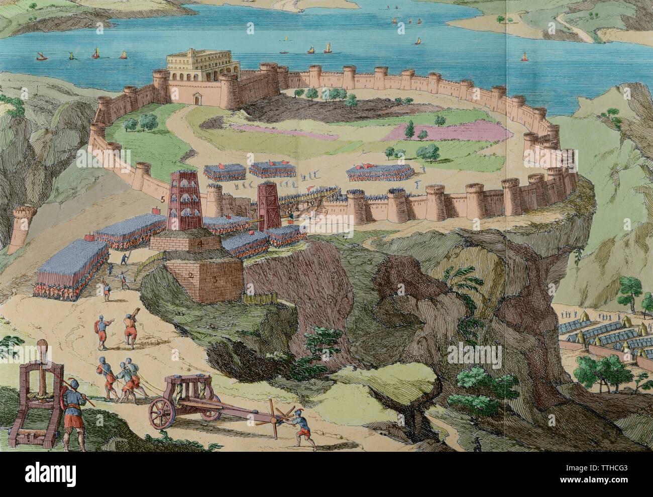 Geschichte von polybius. Band II. Französische Ausgabe aus dem Griechischen übersetzt von Dom Vincent Thuillier. Kommentare der militärischen Wissenschaft angereichert mit kritischen und historische Notizen von M. de Folard. Paris, Chez Pierre Gandouin, Julien-Michel Gandouin, pierre-francois Giffart und Nicolas-Pierre Armand, 1727. Drucken von Jean-Baptiste Lamesle. Erste Jewish-Roman Krieg. Belagerung von Masada von Lucius Flavius Silva, 72-73 AD. Die Römer das Plateau mit einer Steinmauer umgeben, eine grosse Rampe und baterring Rams und Belagerungsmaschinen. Römische Sieg. Später Färbung. Stockfoto