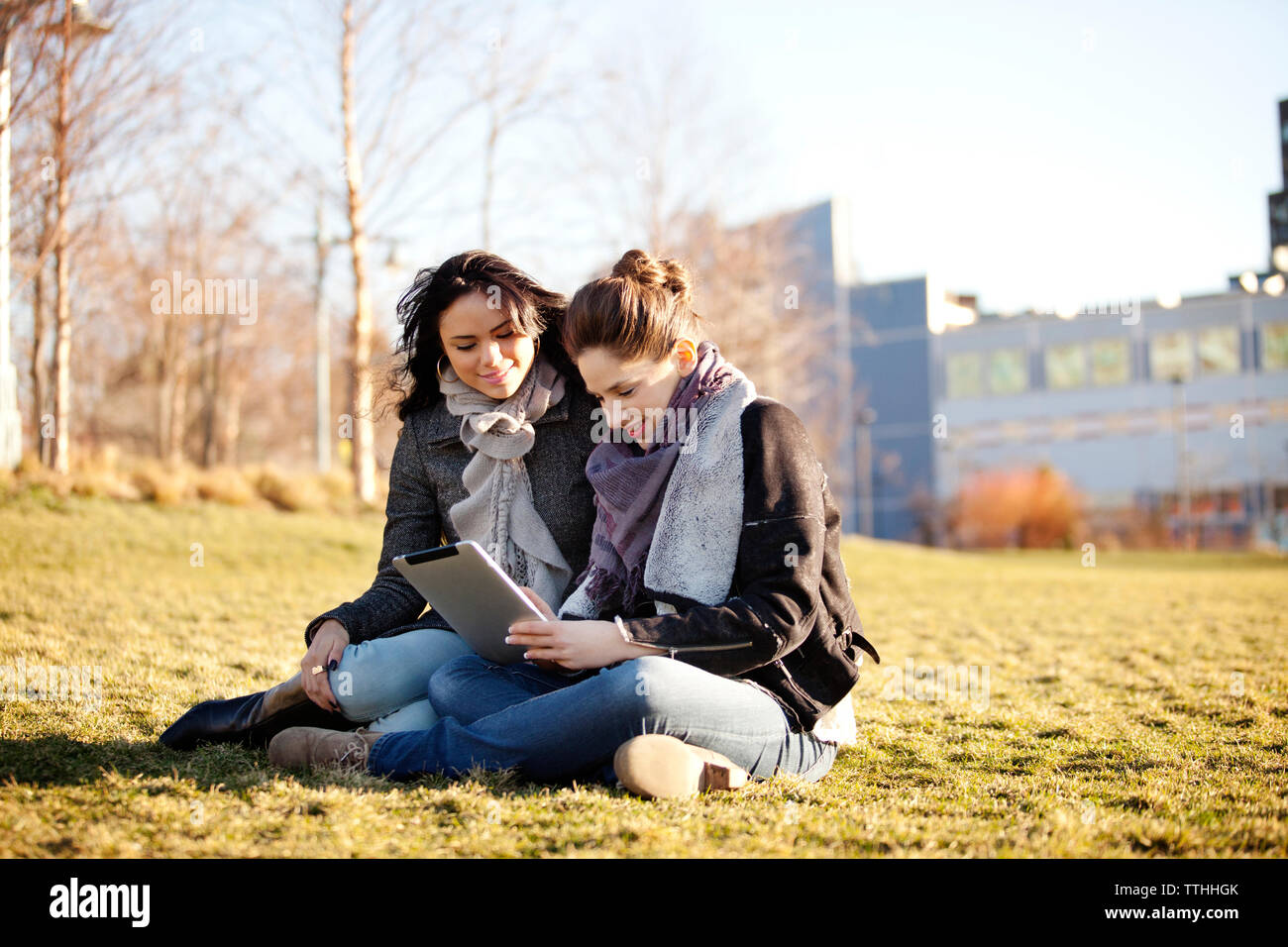 Weibliche Freunde mit digitalen Tablette auf Wiese Stockfoto