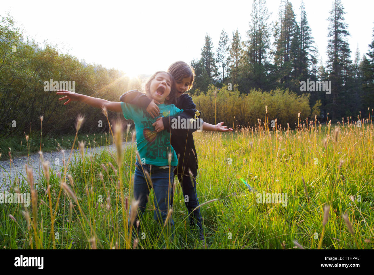 Mädchen umarmt Freund beim Stehen auf Gras gegen Sky Stockfoto