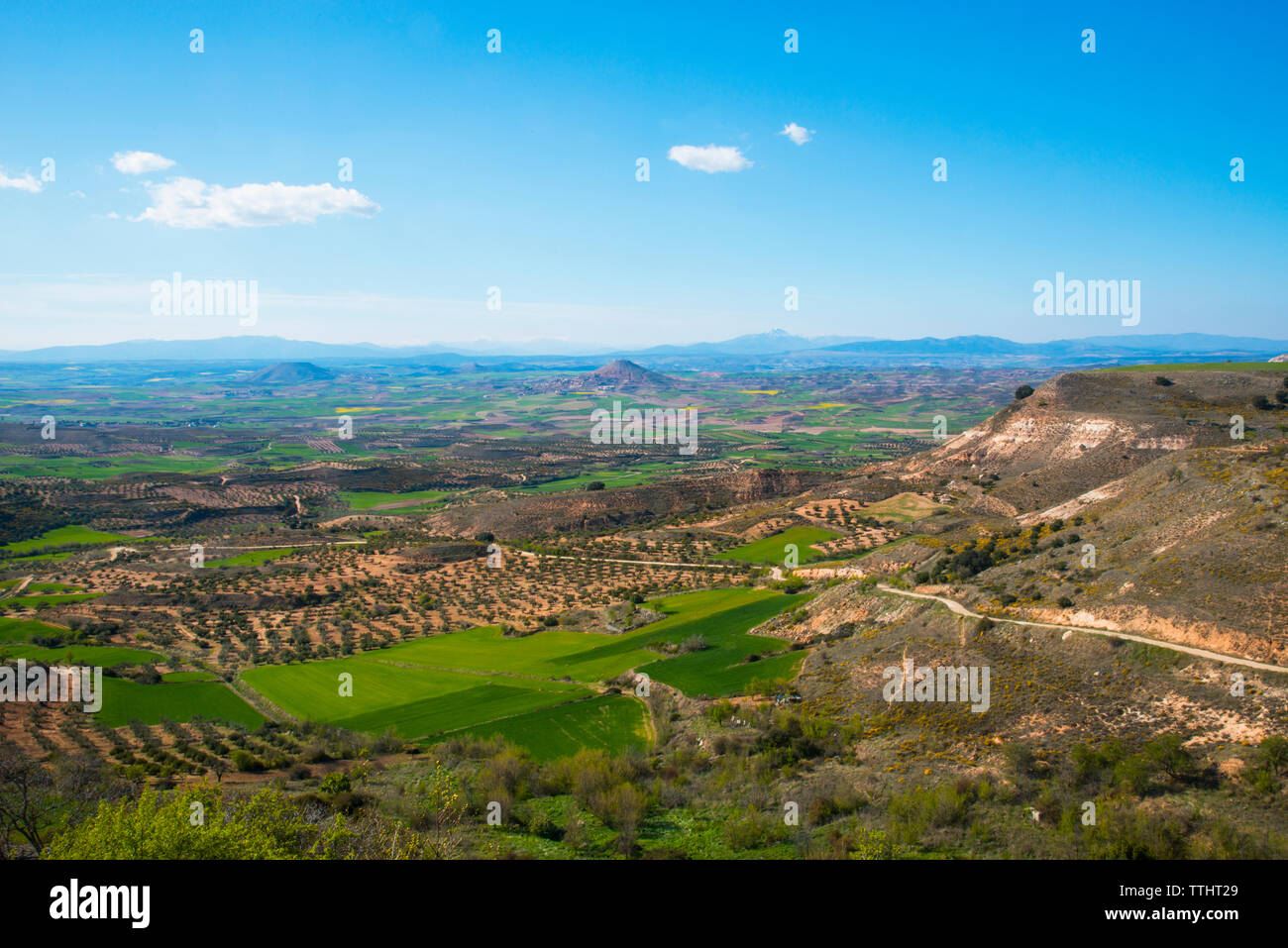 Überblick über La Alcarria aus der Sicht. Trijueque, Provinz Guadalajara, Kastilien-La Mancha, Spanien. Stockfoto
