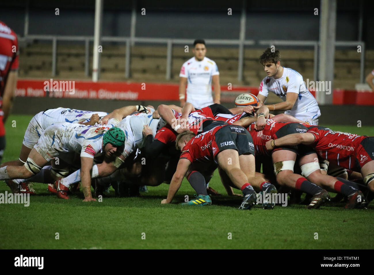 Exeter Scrum Hälfte wartet als Gloucester und Exeter Packs die Belastung am Kingsholm Stadion, Gloucester, Großbritannien Stockfoto