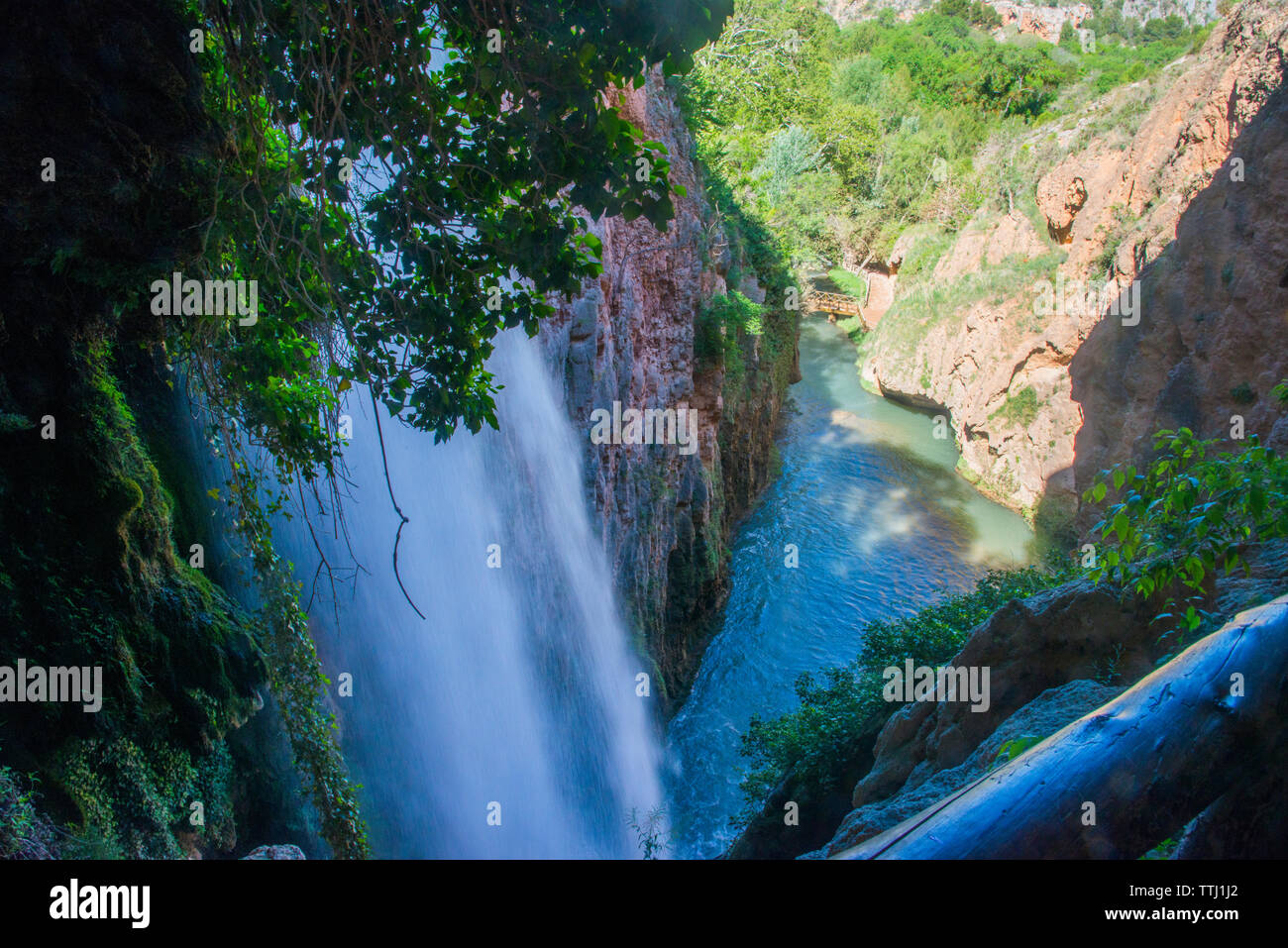 Cola de Caballo Kaskade. Monasterio de Piedra Natural Park, Argonyos, Provinz Zaragoza, Aragon, Spanien. Stockfoto