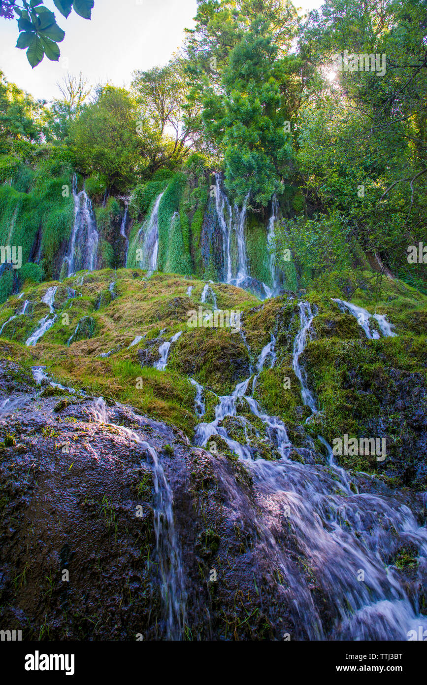 Chorreaderos Kaskade. Monasterio de Piedra Natural Park, Argonyos, Provinz Zaragoza, Aragon, Spanien. Stockfoto