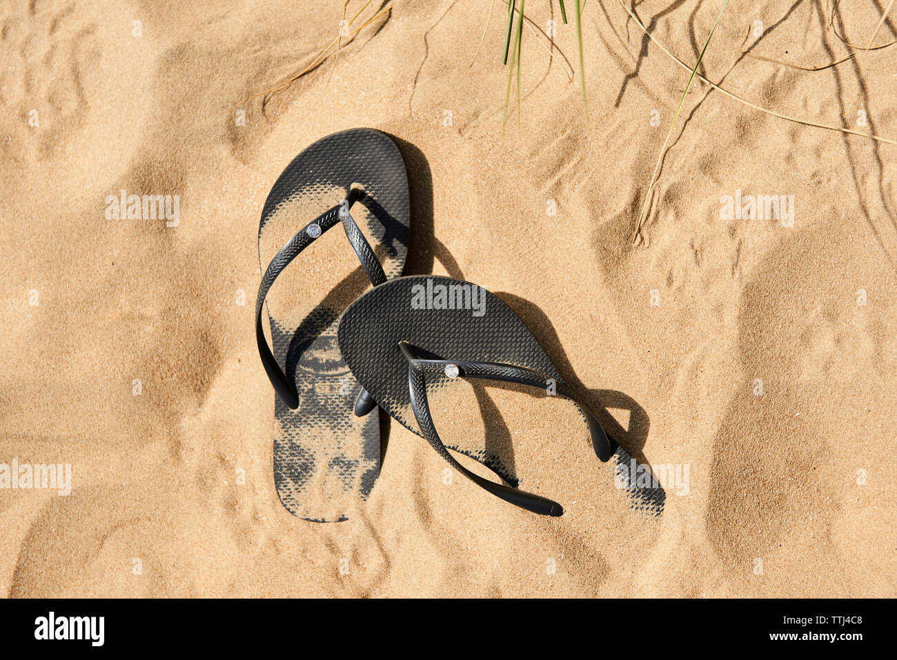 Flip Flop Sandalen im Sand Stockfoto