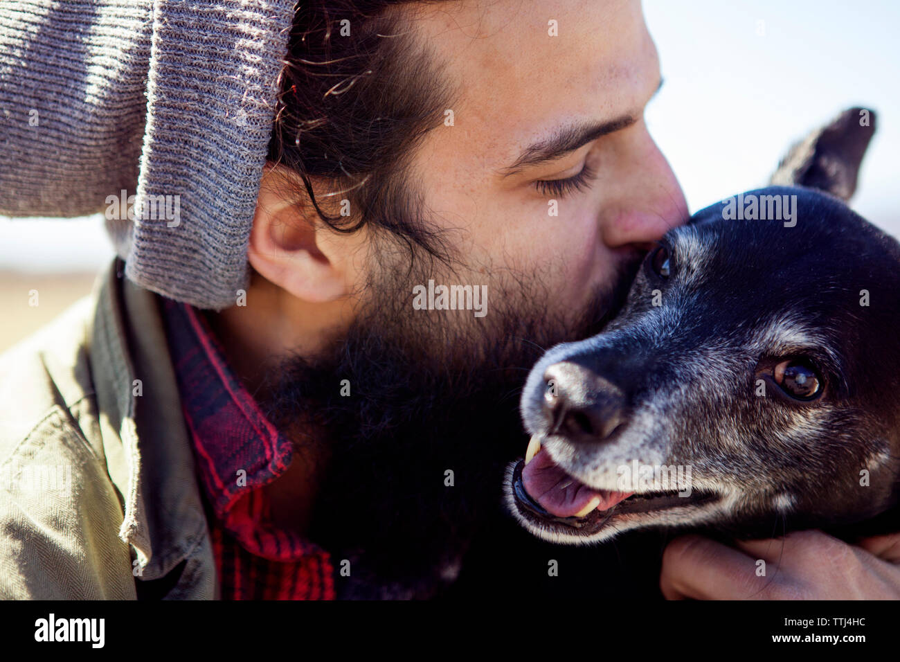 Nahaufnahme der liebevollen Mann küssen Hund während der sonnigen Tag Stockfoto