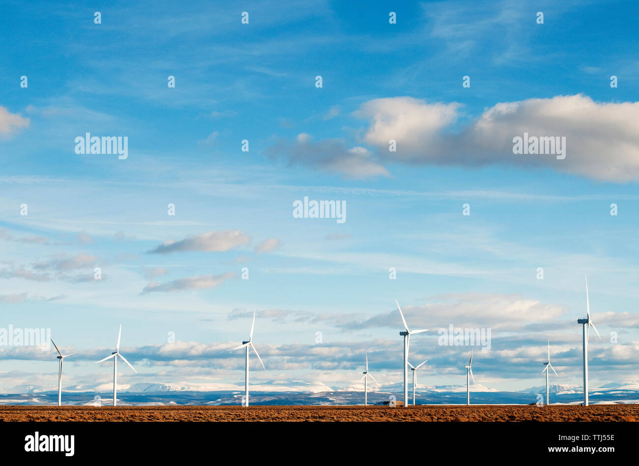 Windenergieanlagen gegen den blauen Himmel an einem sonnigen Tag Stockfoto