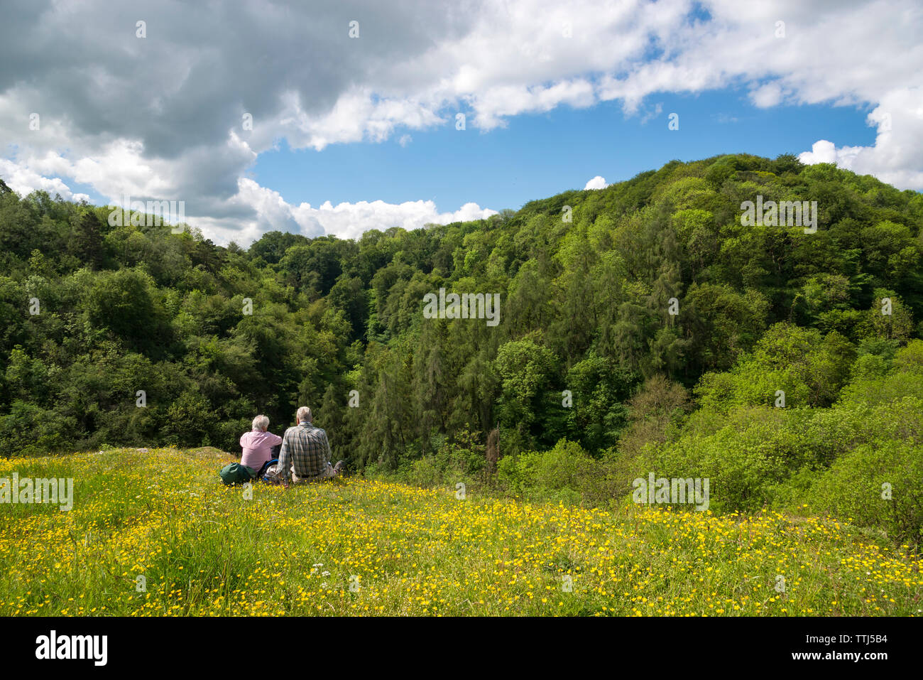 Schönen Sommertag in Chee Dale in der Nähe von Buxton in der Nationalpark Peak District, Derbyshire, England. Zwei reife Männer die Aussicht bewundern. Stockfoto