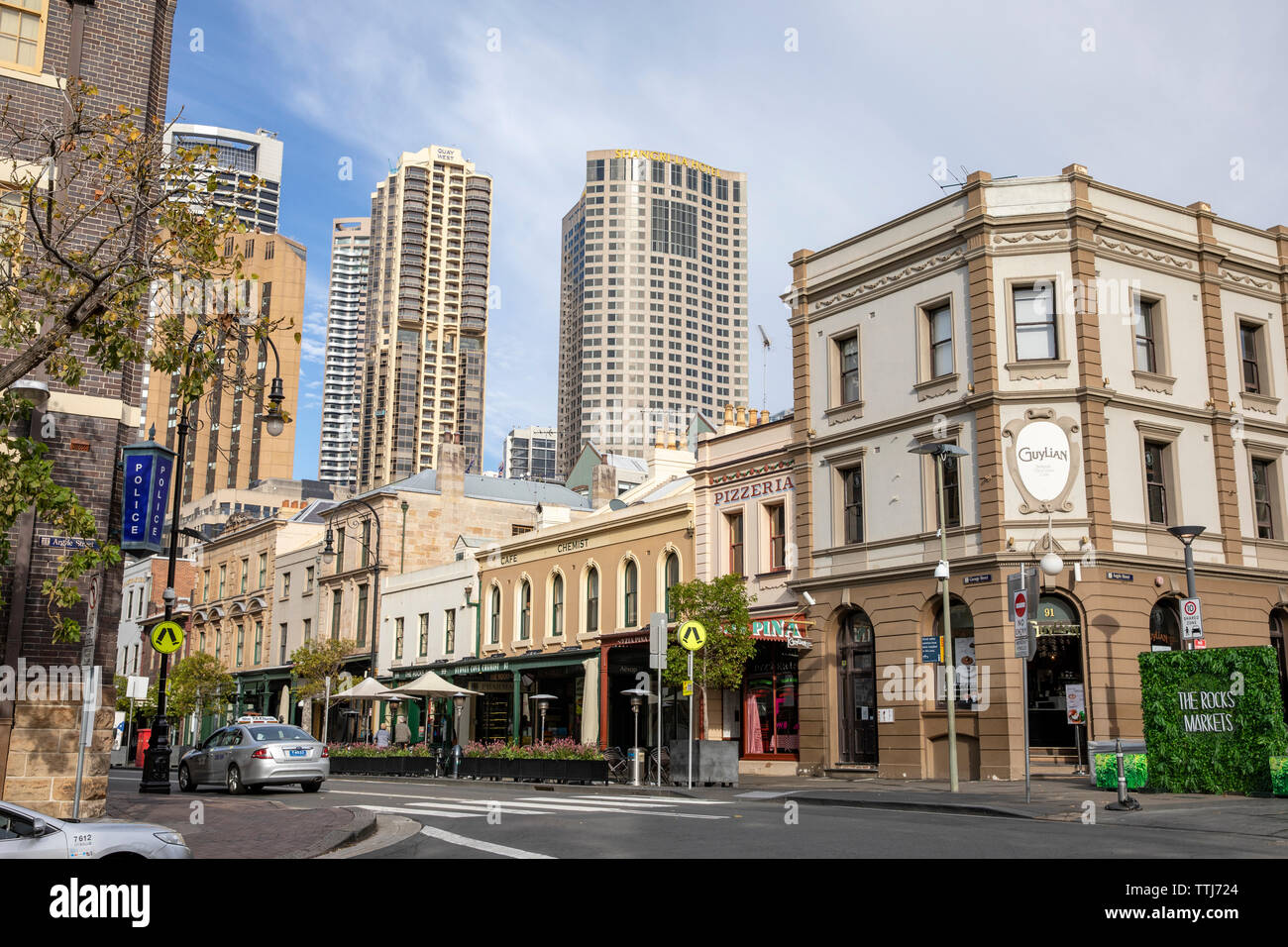 Sydney The Rocks District mit Polizei und die Innenstadt von Sydney, Sydney, Australien Stockfoto