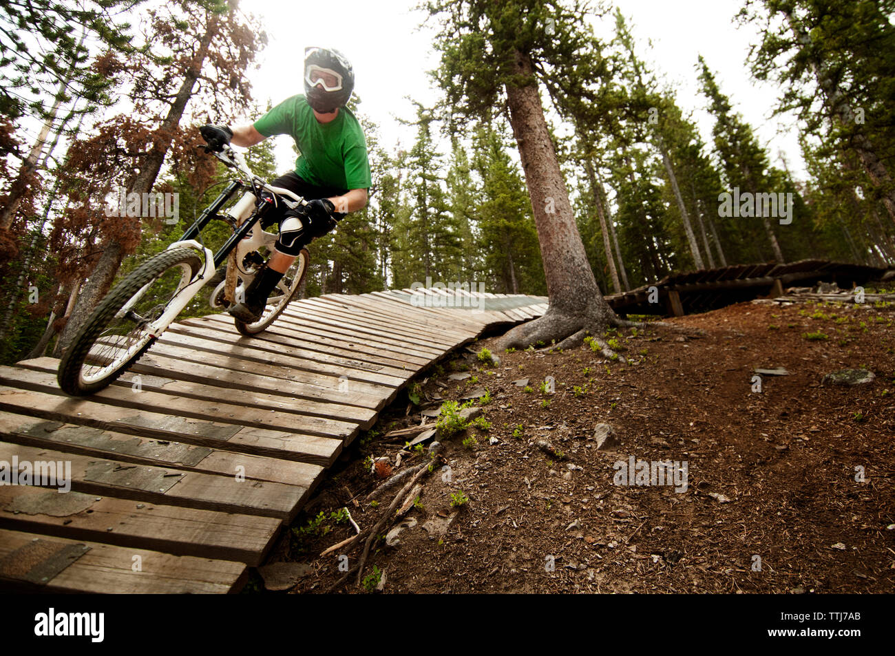 Biker Radfahren auf Sport Rampe im Wald Stockfoto