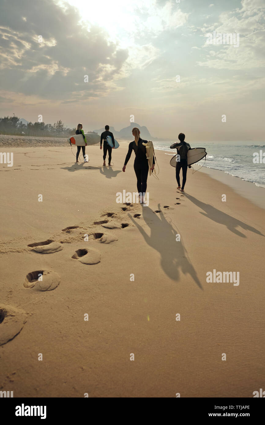 Ansicht der Rückseite des Freunde Durchführung Surfboards beim Gehen auf Sand am Strand Stockfoto