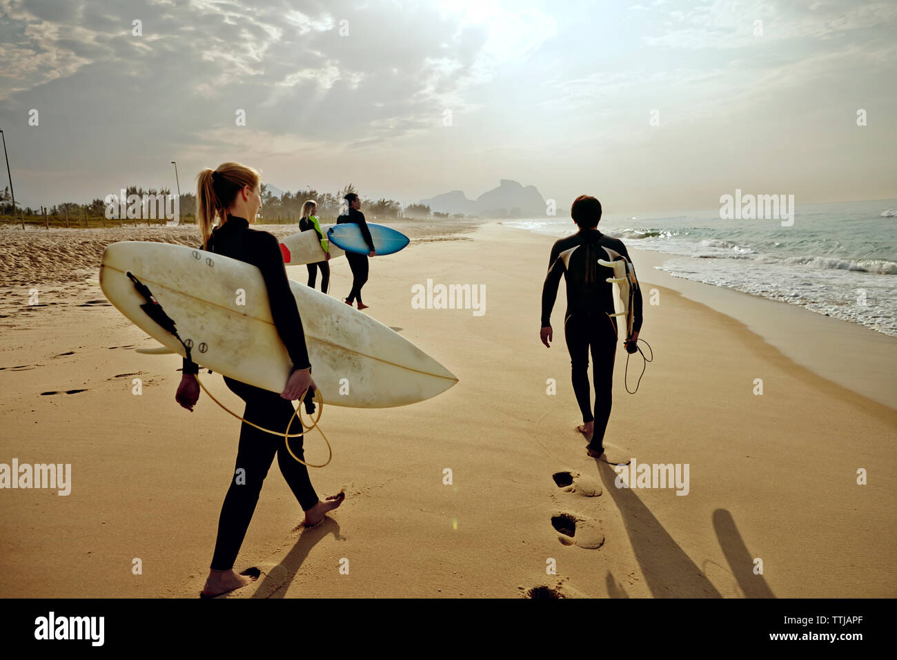 Freunde, die surfbretter beim Gehen auf Sand am Strand Stockfoto
