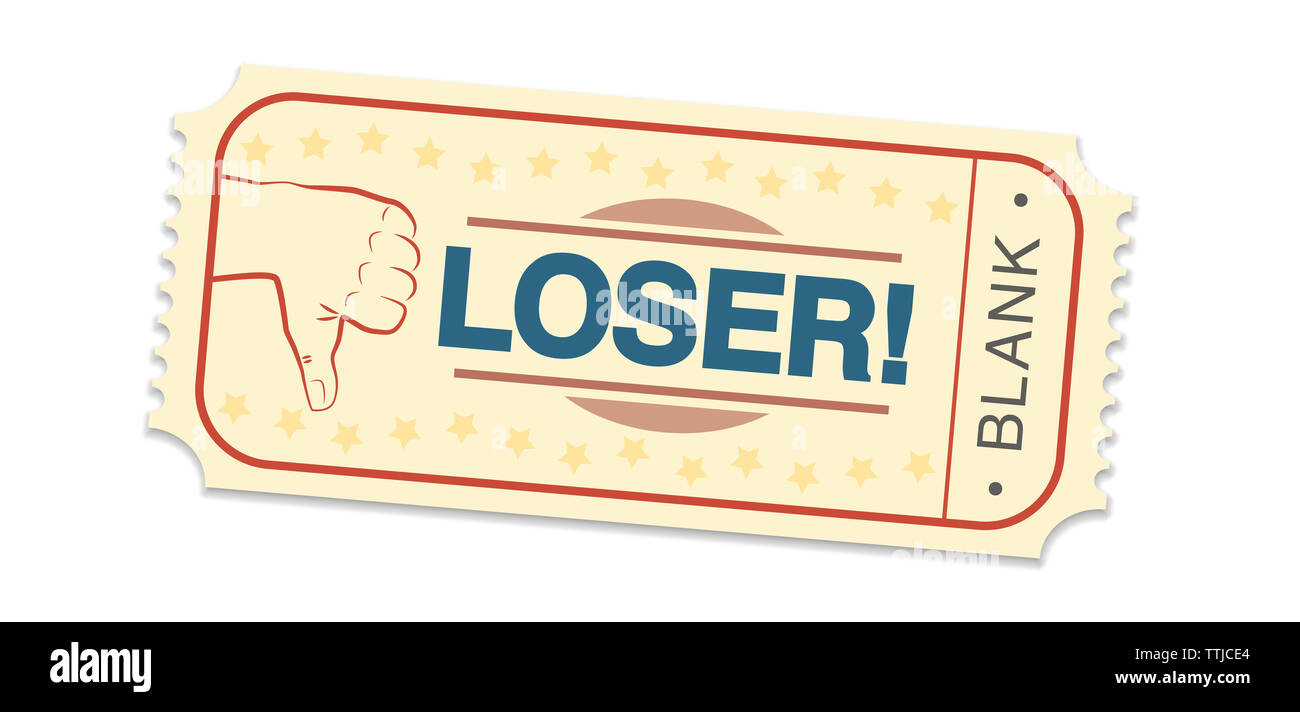Lottery ticket: Verlierer und leer. Single Verlosung Ticket mit Daumen nach unten Symbol - Abbildung auf weißen Hintergrund. Stockfoto