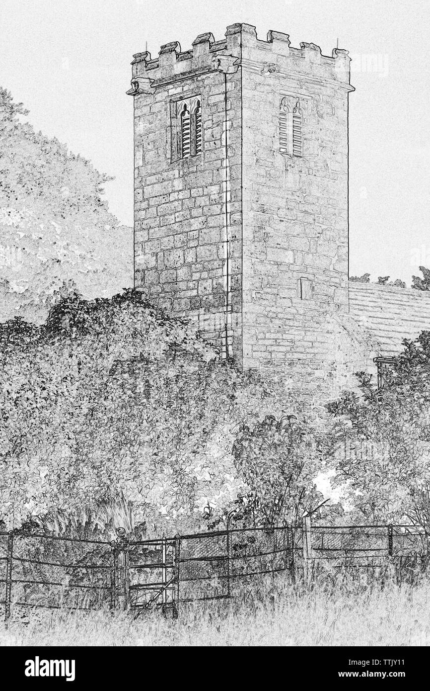 Newton Kyme Kirchturm Abbildung in Schwarz und Weiß Stockfoto