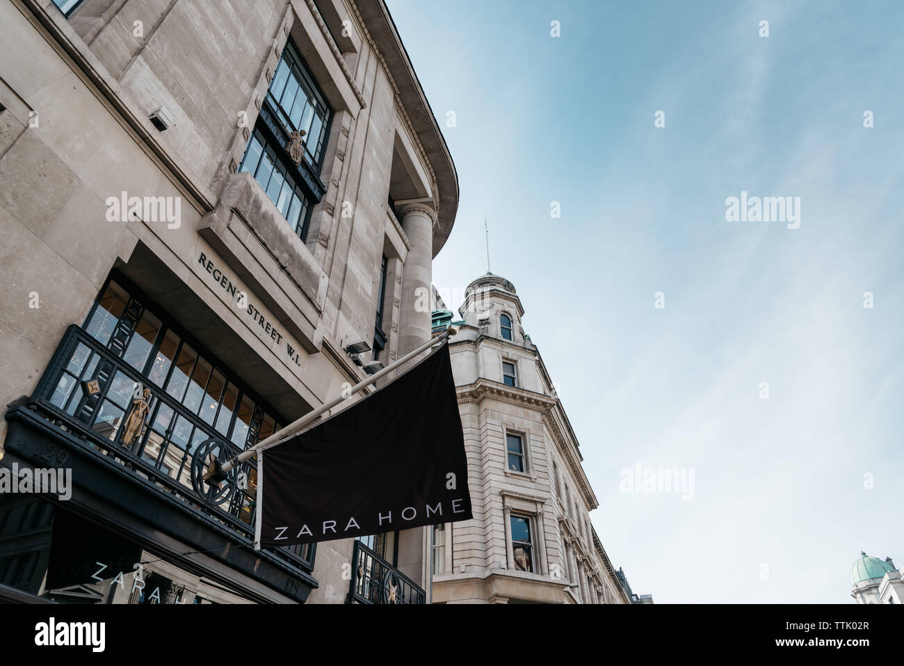 London, UK, 15. Mai 2019: Zara Home luxus Heimtextilien Store in der Regent Street. Das Unternehmen konzentriert sich auf den Einzelhandel Haushaltswaren Stockfoto